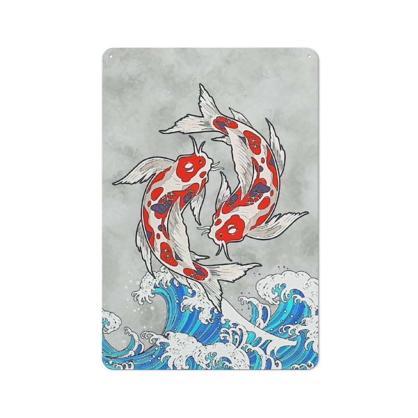 Junmoney Style For Guest Room Or Hallway, Koi And Wave Vintage Metal Sign 30X20cm, New-Space Wall Decor For Home Decor Collectors