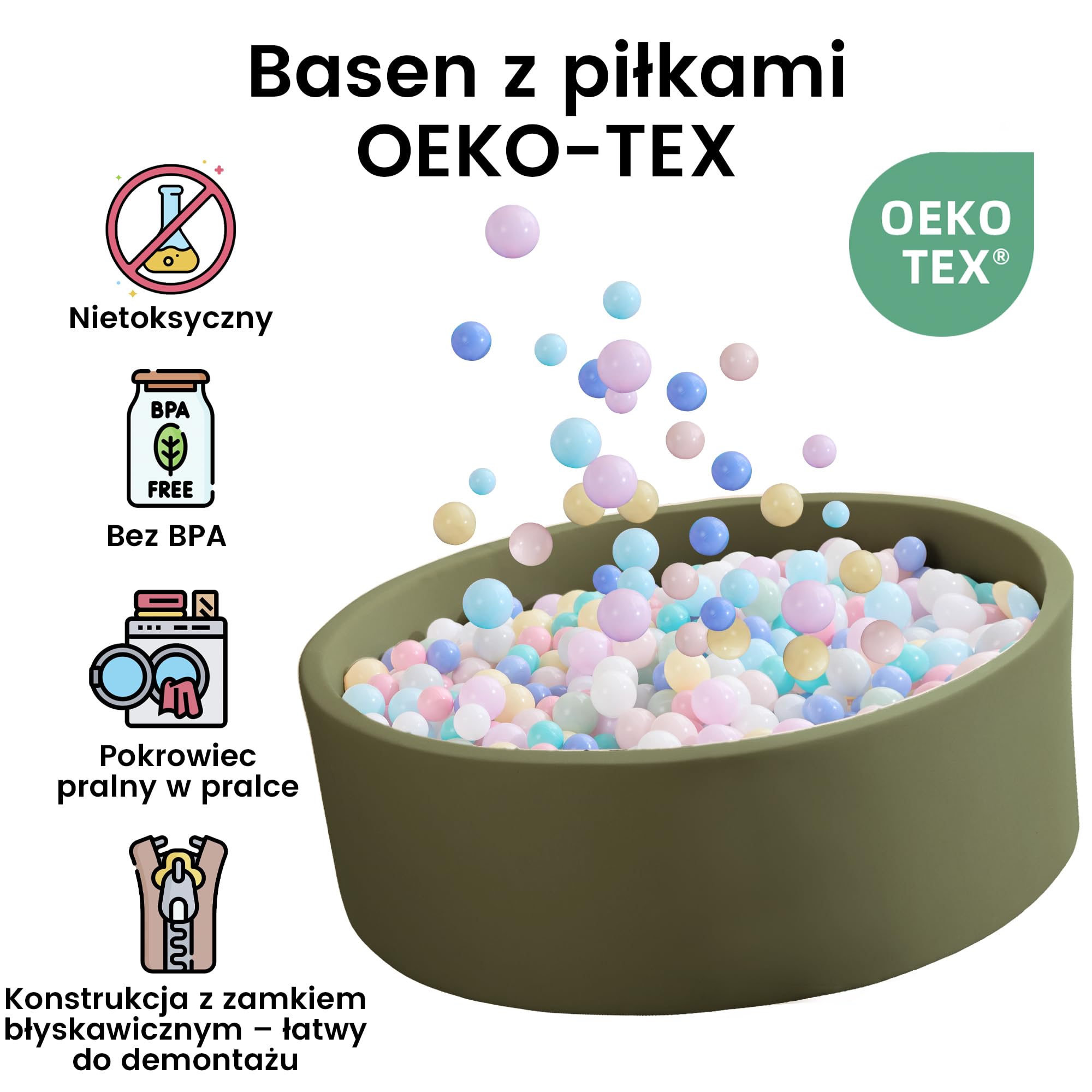Zedachica Piscine à balles bébé 80x30 cm en Mousse, Ronde, sûre dès 1 an, pour intérieur et extérieur, Vert Sauge, sans balles