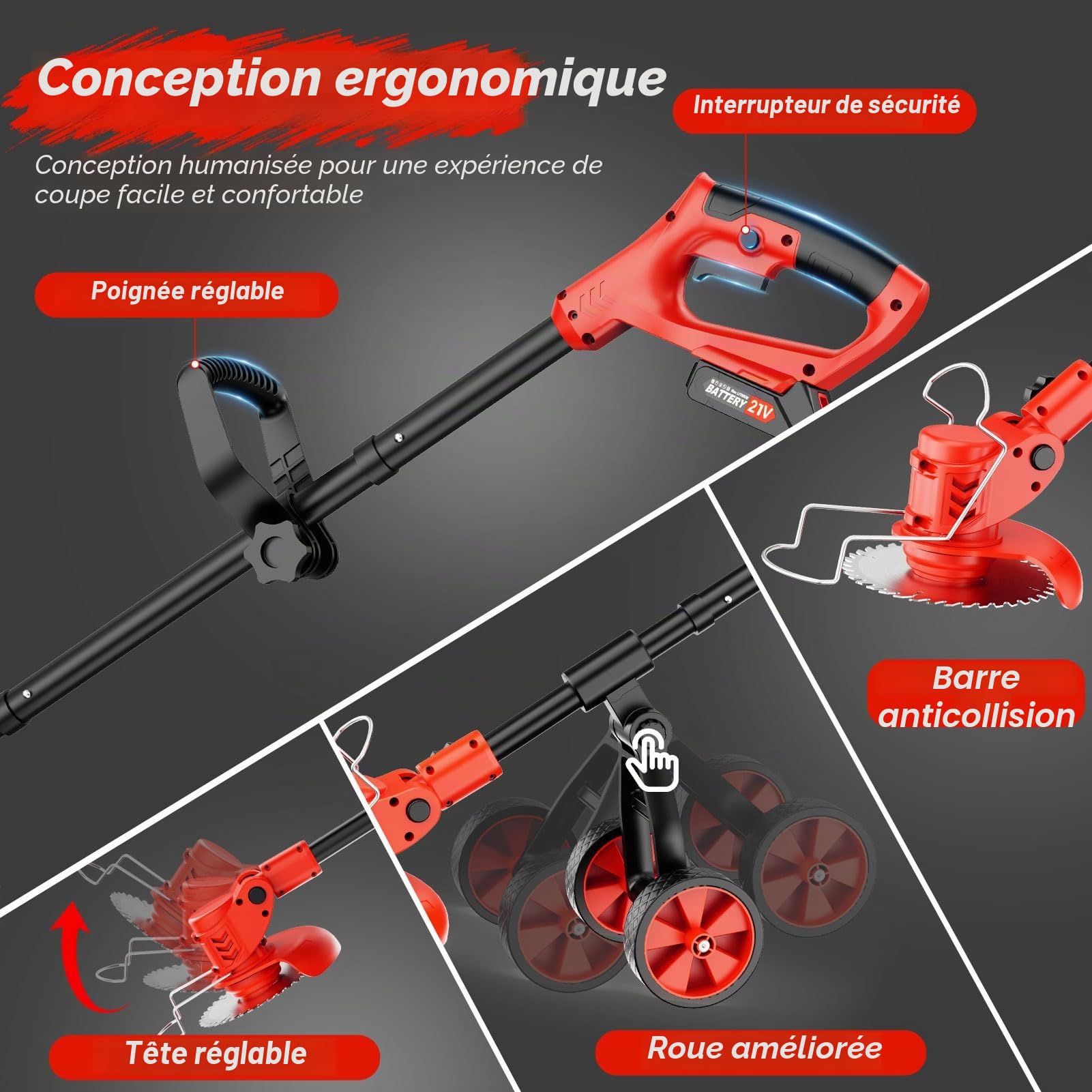 Debroussailleuse Electrique sans Fil 21V, Débroussailleuse Batterie avec 2 Batteries 2,0 Ah, Chargeur et Roues Amovibles, Coupe Bordure sans Fil avec Batterie pour Tondre Le Jardin et la Pelouse