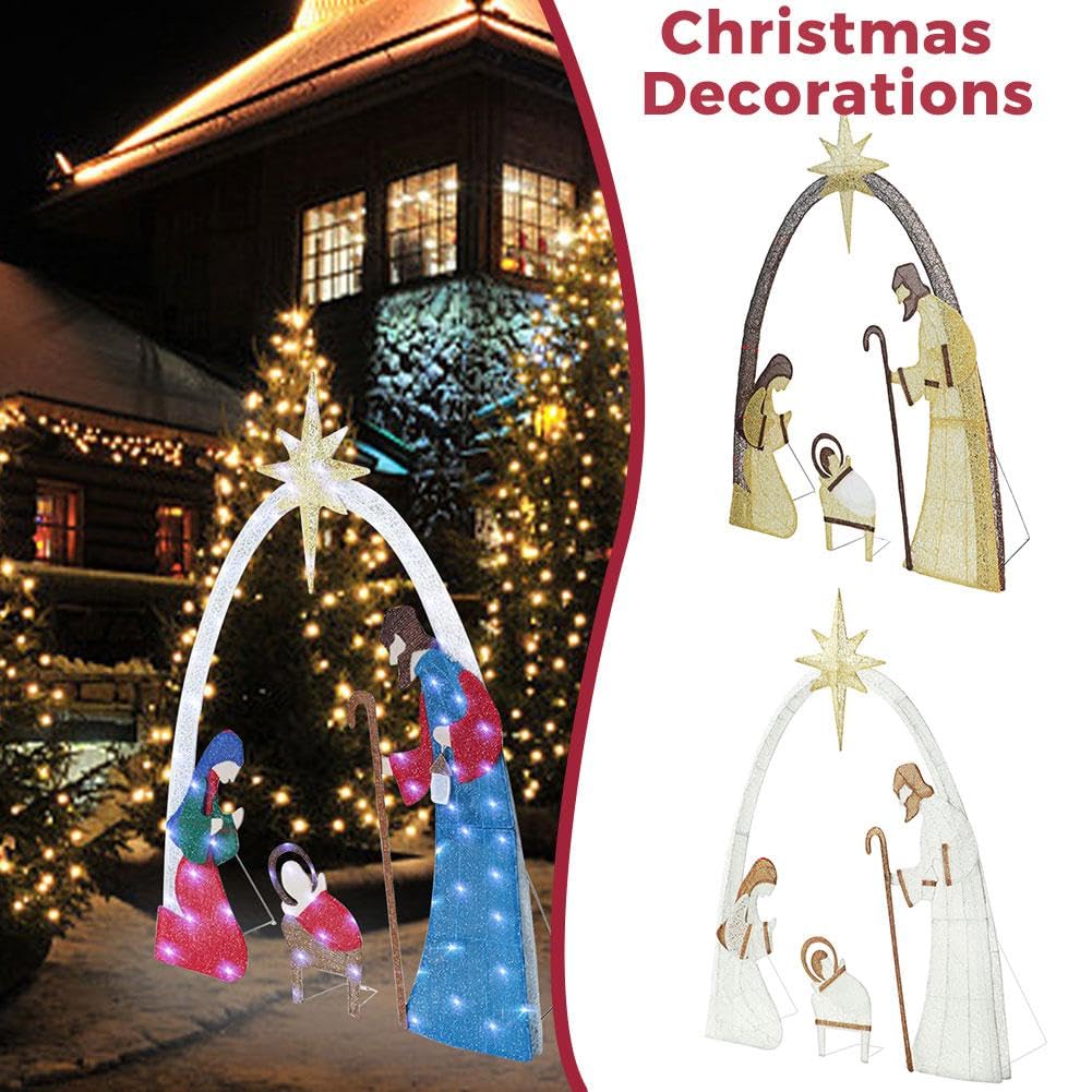 Crèche de Noël Lumineuse d'Extérieur 1,5 m, Décoration pour Cour Familiale, Ensemble Sainte Famille avec Piquets pour Pelouse