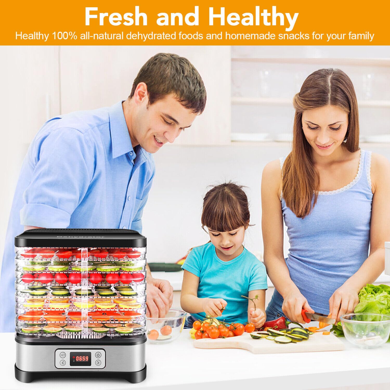 Déshydrateur Alimentaire 400W avec 8 Plateaux Superposables, Séchoir à Fruits et Légumes avec Minuterie et Température Réglable, Sans BPA, pour Viande, Herbes et Snacks Sains