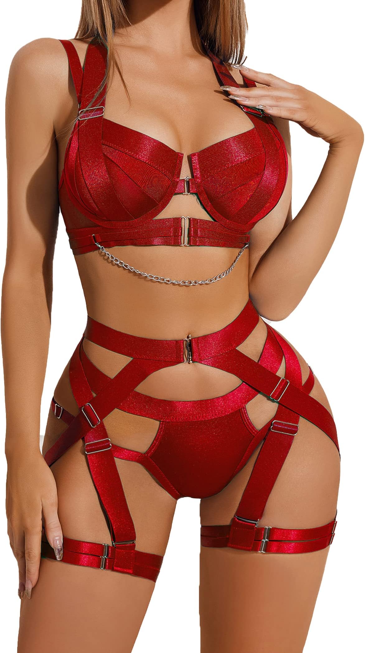 Avidlove Lingerie Set for Women Sexy Strappy Lingerie Underwire Push Up Bra Garter Set Lingerie with Chain