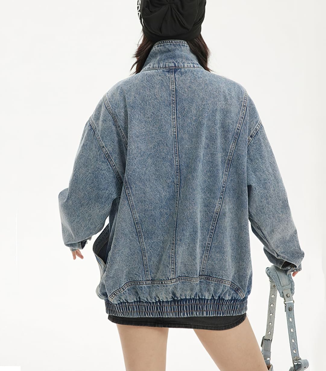 chouyatou Women's Oversized Stand Collar Shacket Jean Jacket Zip Up Distressed Frayed Denim Jacket Coat