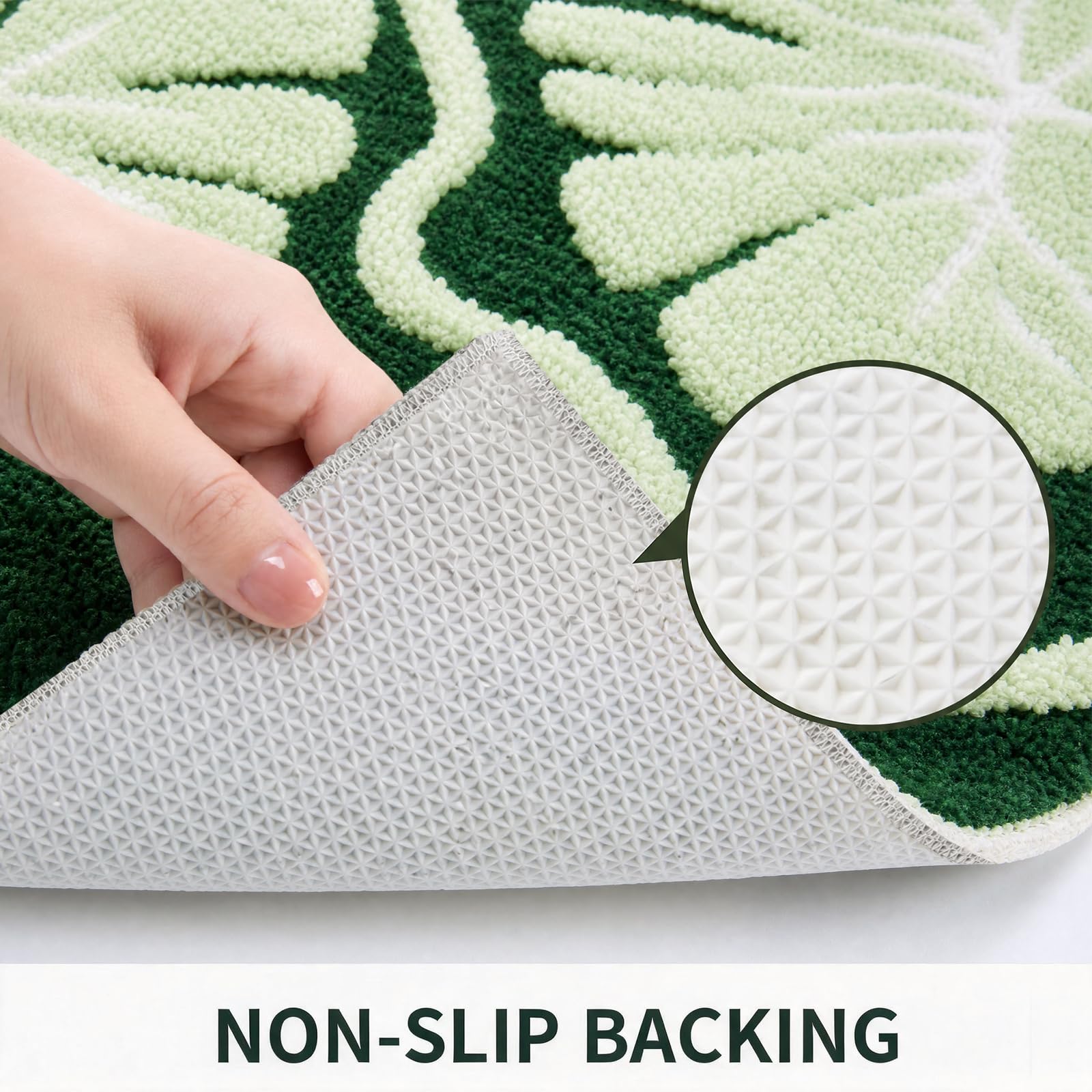 BLESWIN Tapis de Salle de Bain à Motif de Feuilles, 60 × 90 cm, Tapis de Salle de Bain antidérapant et Moelleux, fabriqué en Microfibres duveteuses, adapté à la Douche et à la Chambre,(Vert foncé)
