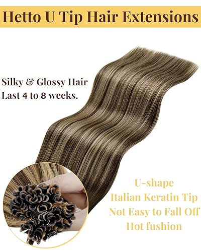 Miniatura 4 de Hetto Extensiones de cabello humano con queratina en U Tip #427, color castaño con reflejos rubio miel, extensiones de cabello humano con punta en