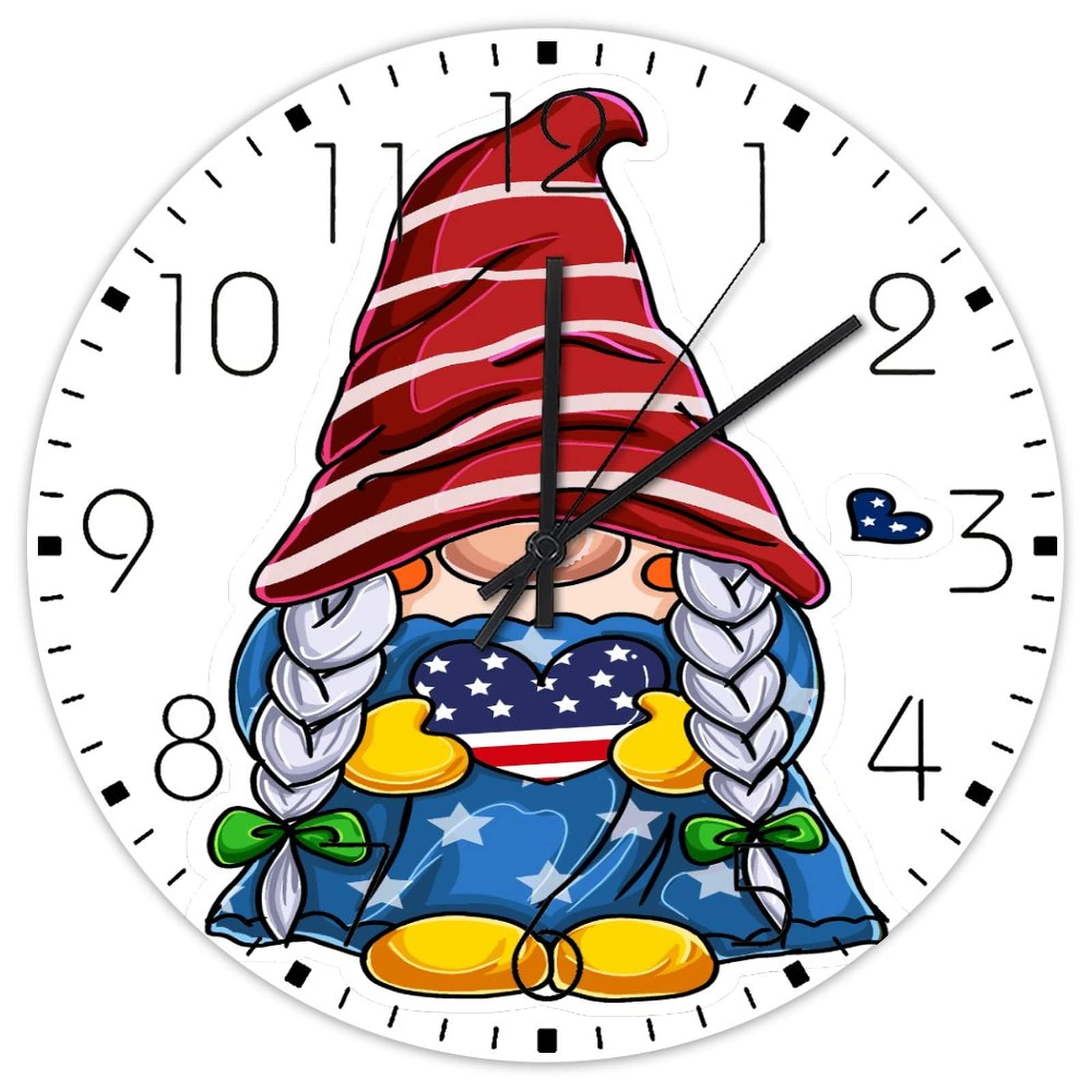 Minimalist Wood Clock Silent Non-Ticking Large Numbers Battery Operated 4th of July Gnome Heart Personalized Wall Clocks Independent Date Home Decor for Workshop Home Garden 15 Inch