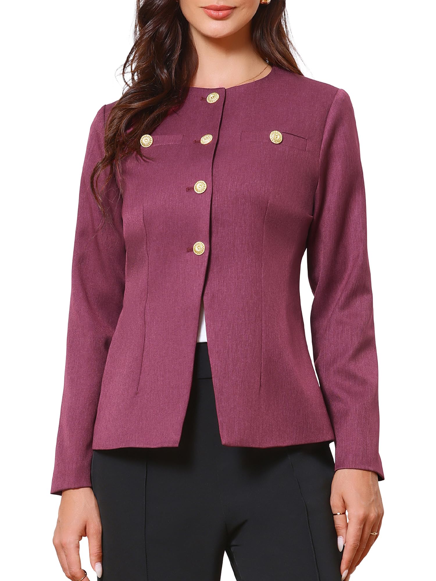 Allegra K Blazer de travail élégant pour femme, sans col, à manches longues, veste d'affaires, costume de bureau