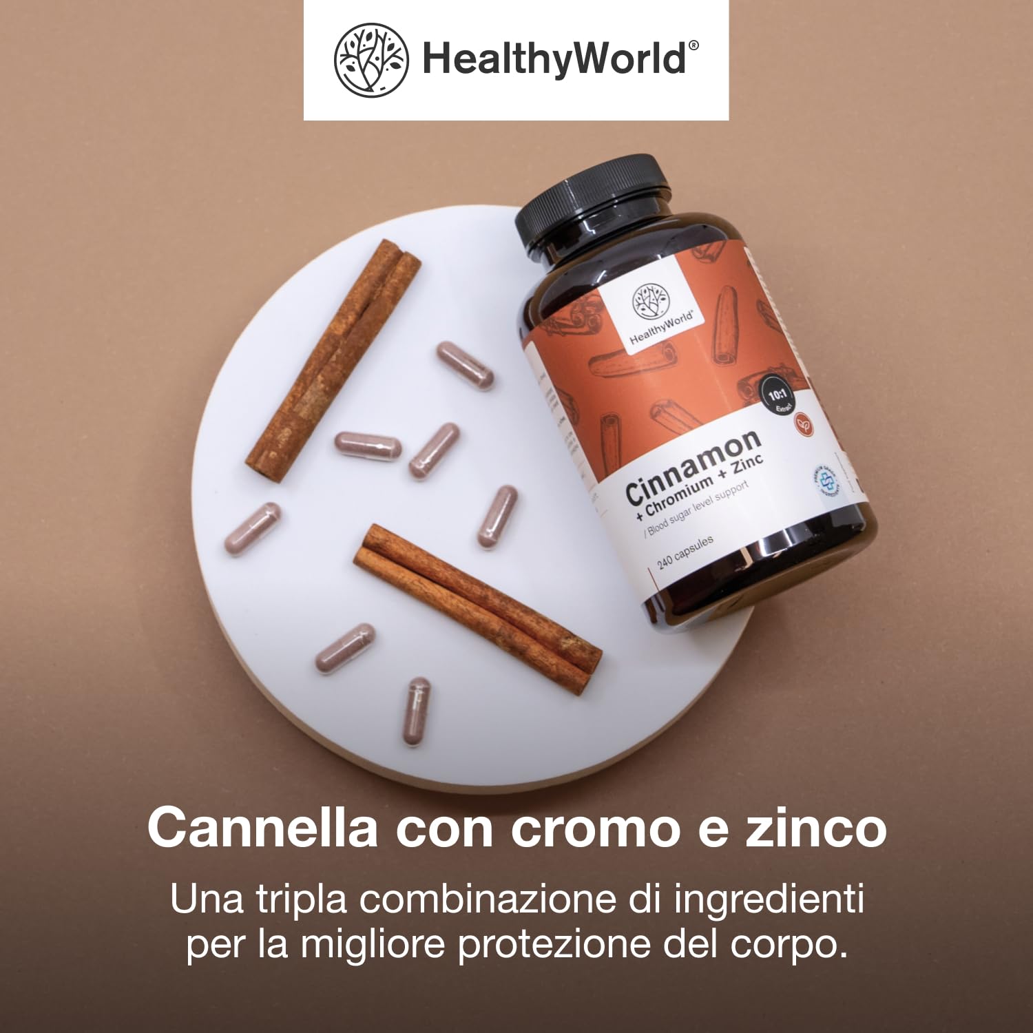 HealthyWorld® Cannella con Cromo e Zinco - 240 Capsule Vegetali - Vegetariano - Dose Elevata - Fornitura per 4 mesi - Qualità Premium - Tre Principi Attivi - Gestione degli Zuccheri nel Sangue
