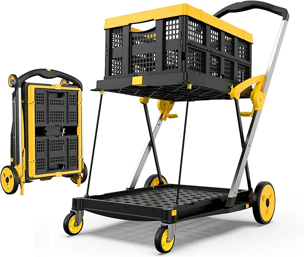 TOLRET Collapsible Shopping Cart with Wheels, 200 lbs Capacity Grocery Cart on Wheels with Storage Crate, Platform Hand Truck with Foot Brake, Yellow