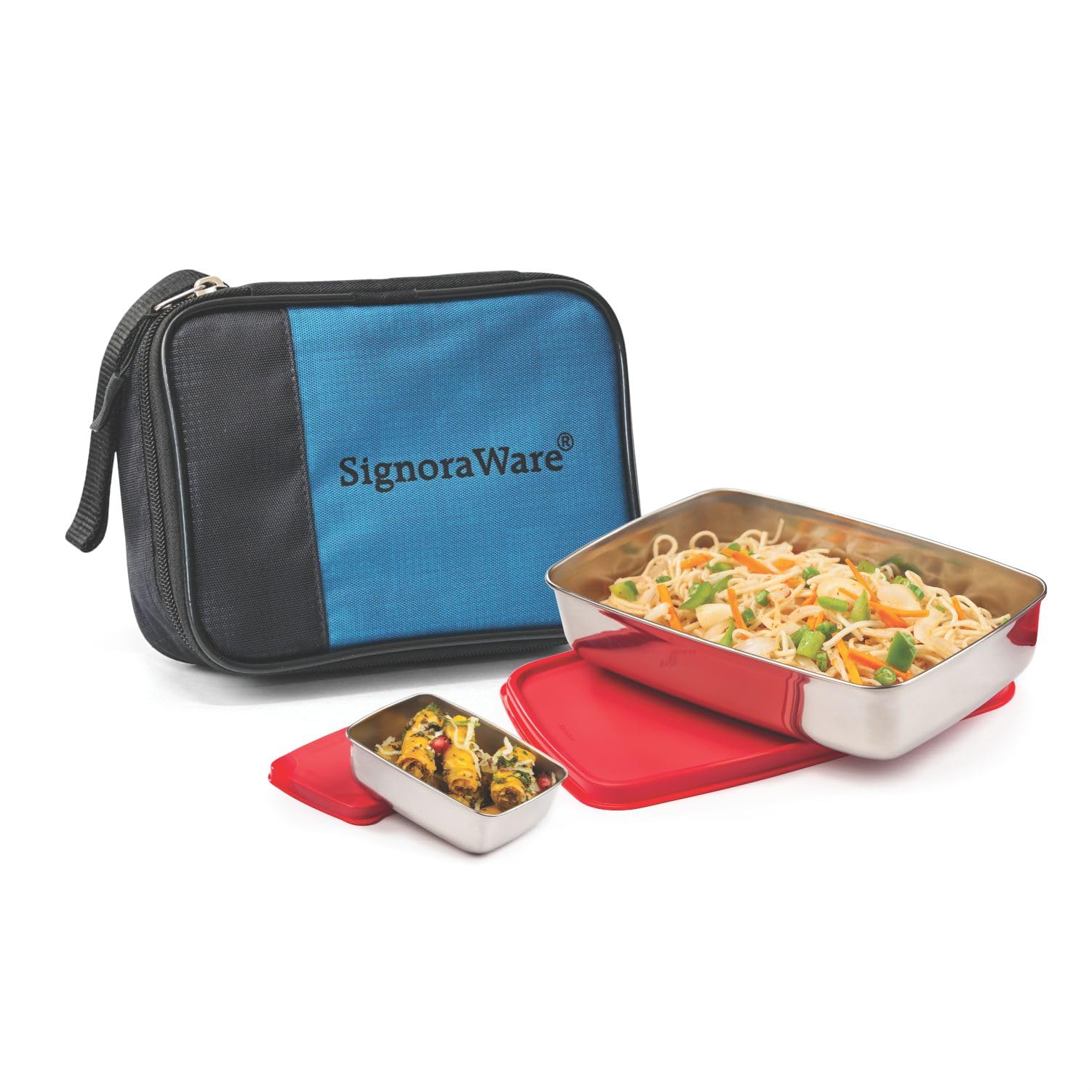 Signora Ware Compact Small Stainless Steel Lunch Box with Bag | Two Compartment Tiffin | Airtight Lid | Leak Proof | Useful for Picnic & Outdoor | Best for Office & School Use (150Ml + 550Ml | Red)