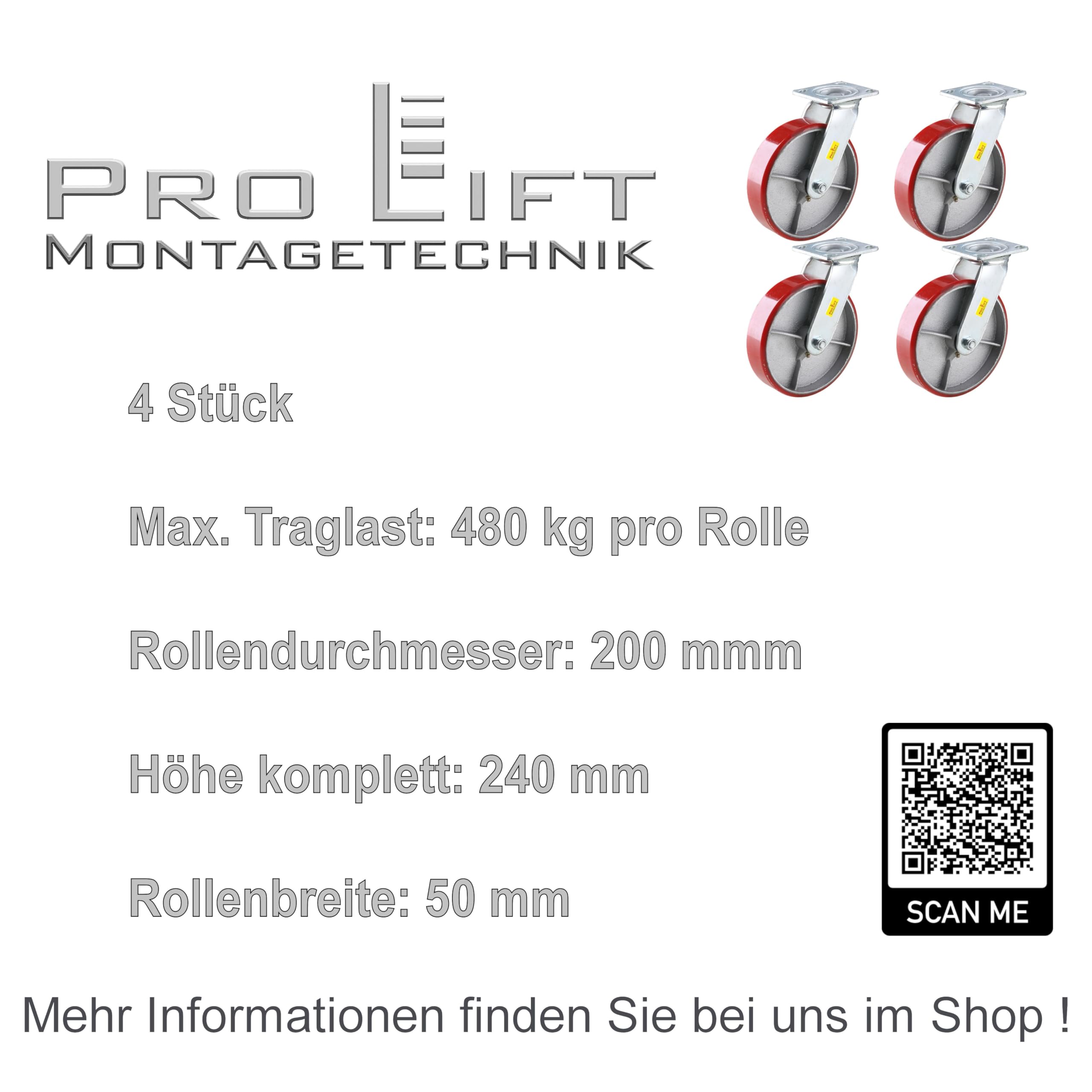 4 Stück: je 480kg Lenkrollen, Schwerlastrollen, PU-Rollenbelag, 01398