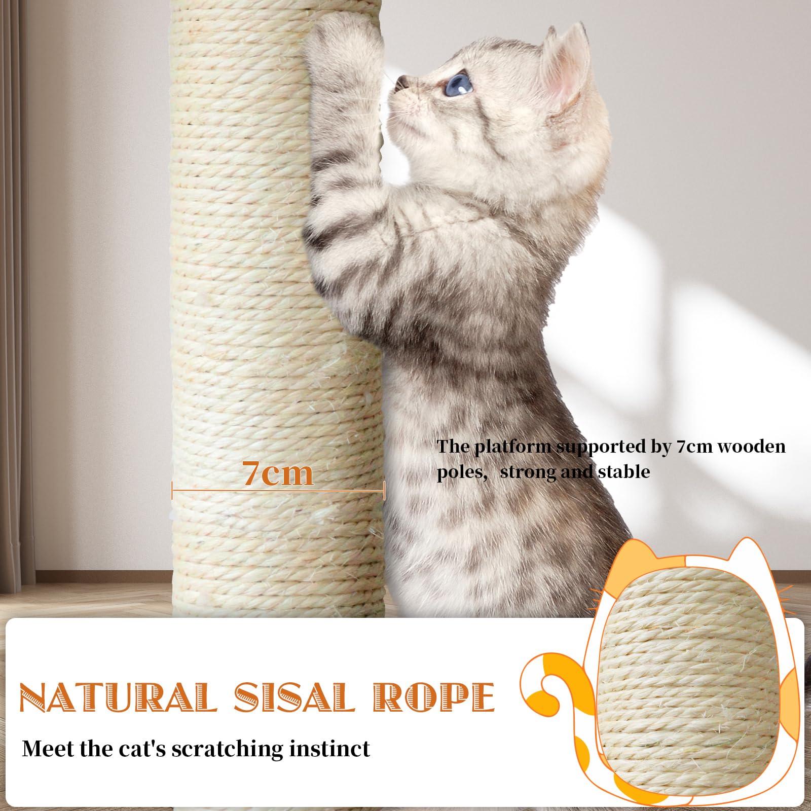 TRIUMPHKEY Alberi per Gatti,209cm Grande Alberi Tiragraffi con Cuccia per Gatti,Tiragraffi Gatto Stabile Multilivello,Alberi per Attività per Gatti con Palo in Sisal, Amaca (blu chiaro)