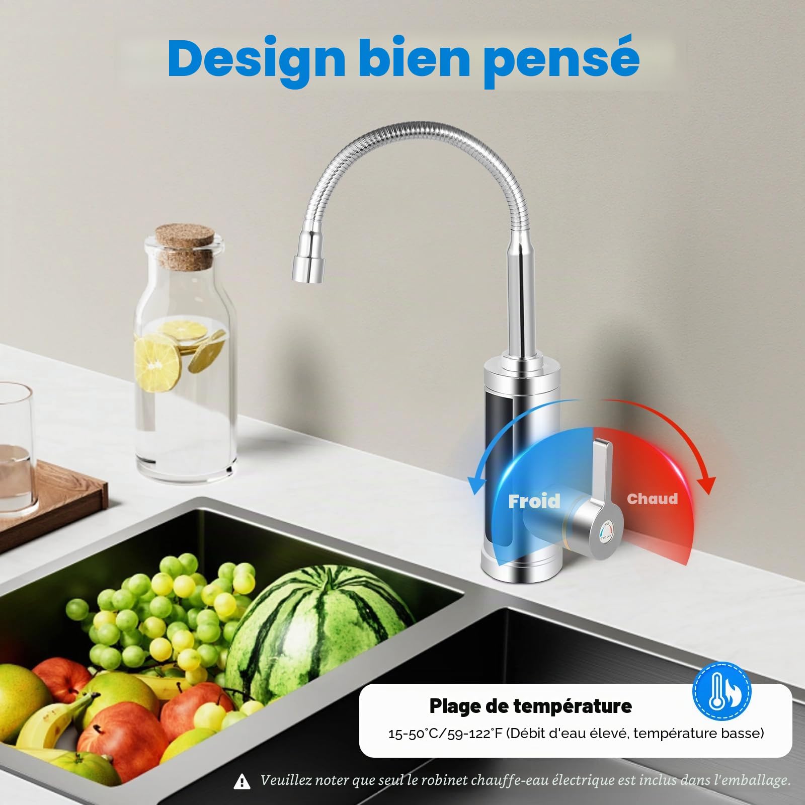 MINRS Robinet avec chauffe-eau, robinet électrique avec indicateur de température LED, sortie rotative à 360°, chauffe-eau électrique avec protection contre les fuites pour maison, hôtel, restaurant