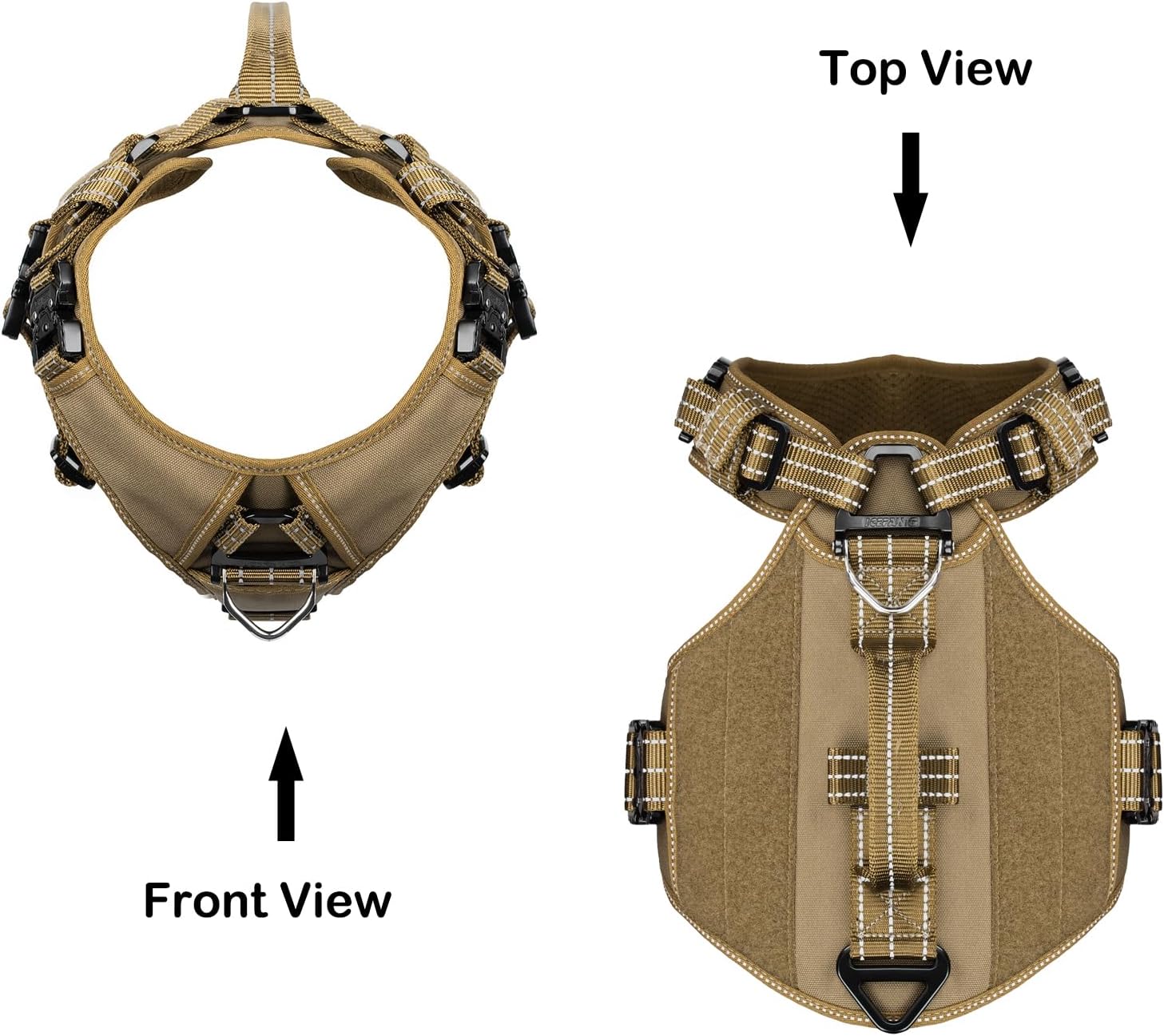 ICEFANG GN8 Tactical Dog Harness with 4X Metal Buckles for Large Sized Dogs,Reflective in Training Walking K9 Vest,No-Pull Front Leash Clip,Adjustable Pet Harness (Brown, Large (Pack of 1))