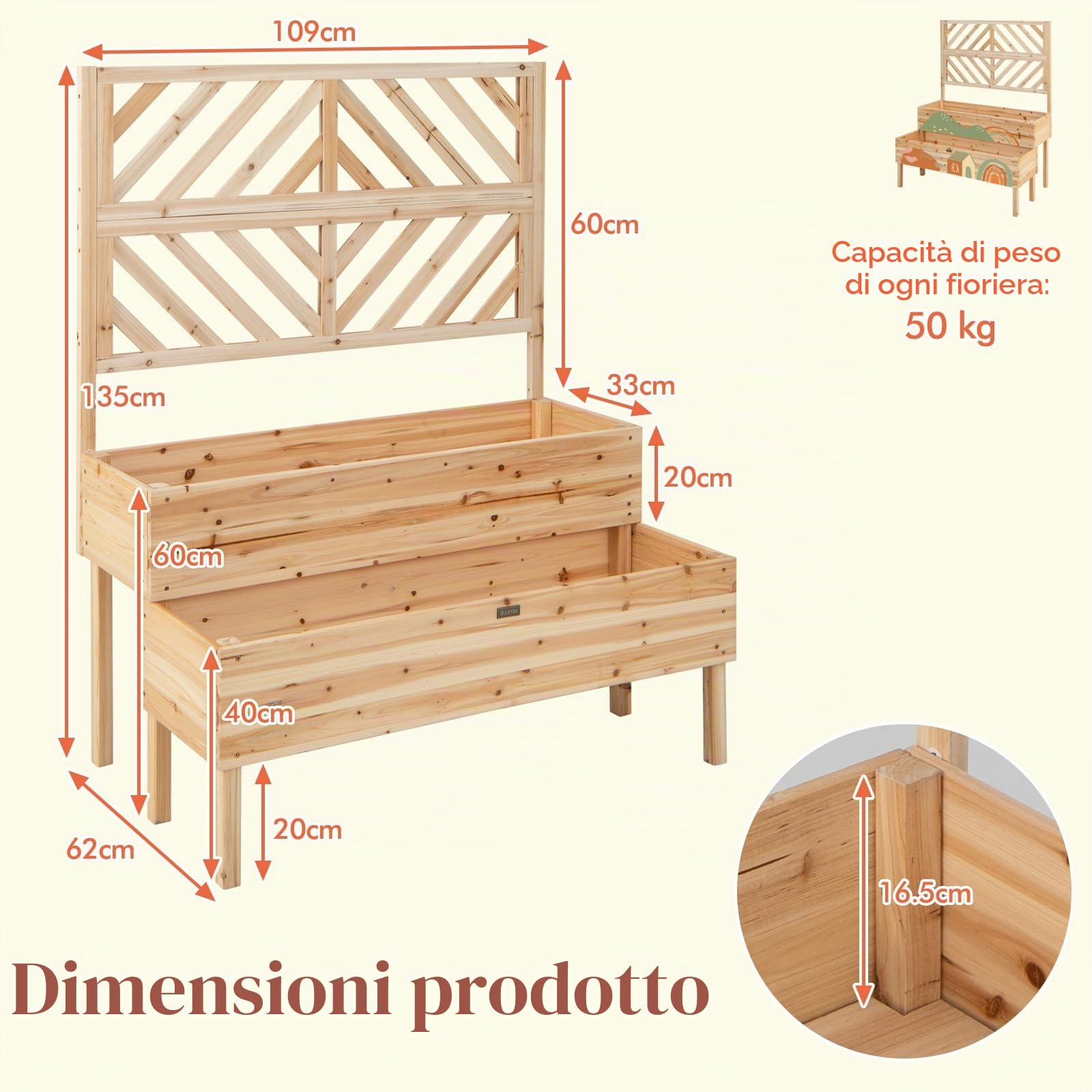 HOMASIS Fioriera con Grigliato in Legno per Esterno, Fioriera con Traliccio a 2 Ripiani, Orto Rialzato Verticale per Piante Rampicanti in Abete con Fori di Drenaggio, 109 x 62 x 135 cm (Naturale)