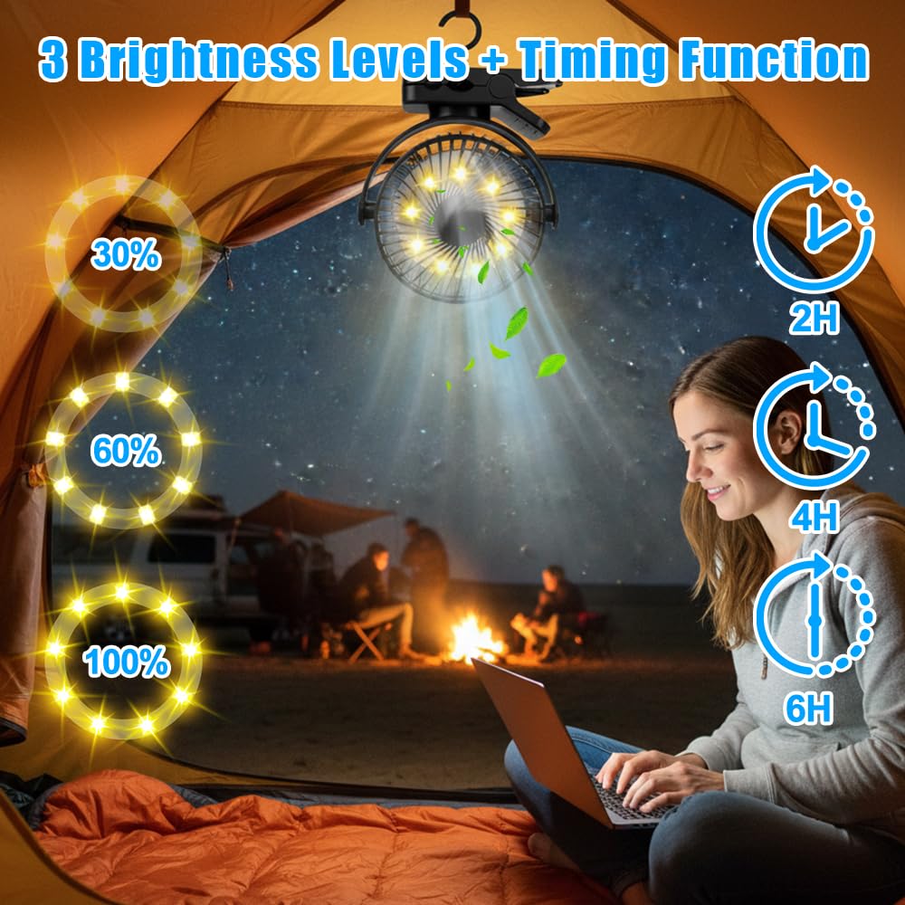 Ventilatore da campeggio, 12000 mAh, mini ventilatore USB, silenzioso, con telecomando e funzione timer, 3 velocità, rotazione a 360°, con luce a LED e ganci, per ufficio, casa, auto, camper