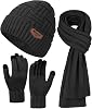 Mens Winter Hats Scarf for Men with Touchscreen Gloves Warm Long Scaves and Skull Caps Beanie Hat Gloves Set