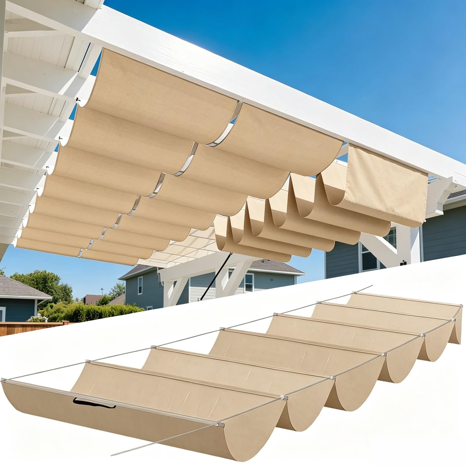 Vela Parasole a Onda Retrattile 380 x 500 cm Vele Ombreggianti Impermeabile Telo Parasole con Fune Occhiellato Protezione UV Tenda Vela per Cortile Veranda Gazebo, Cachi