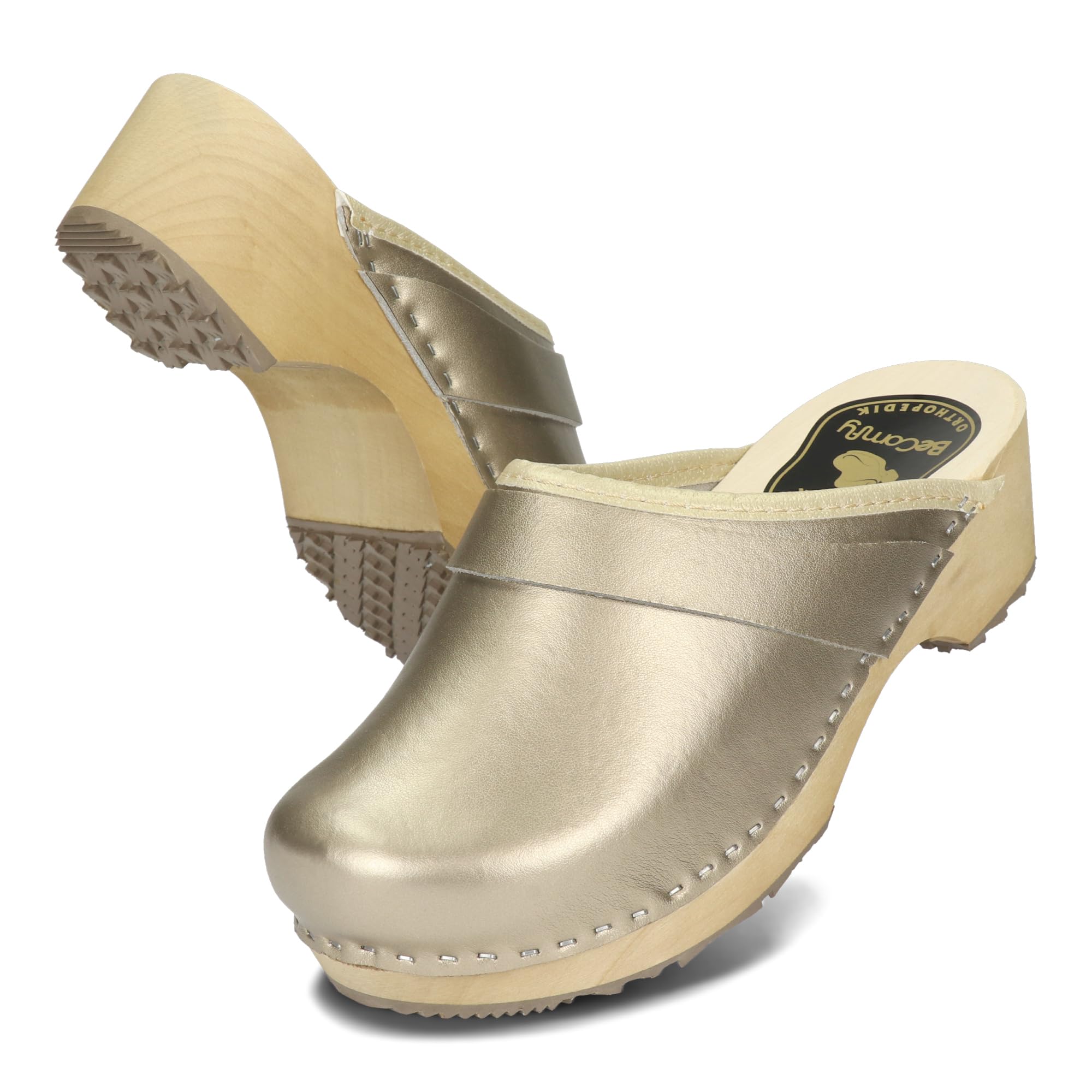 BeComfy Sabots en Cuir pour Femme Mules à Talons en Bois Métallique Or Argent Rouge 35 36 37 38 39 40 41 EU