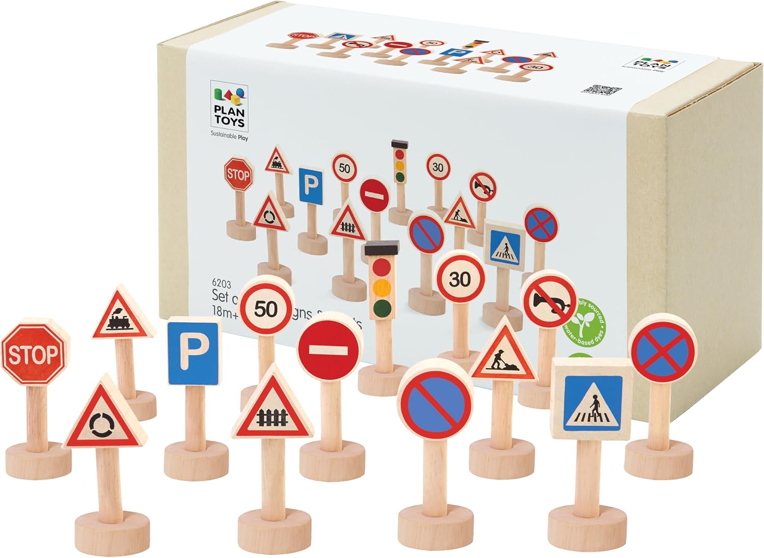 PlanToys® Traffic Signs & Lights Wooden Montessori Imaginative Play Set | Early Language, Social Skills and Real-World Awareness Activity | Eco Friendly Road Sign Learning Set for Meaningful Play