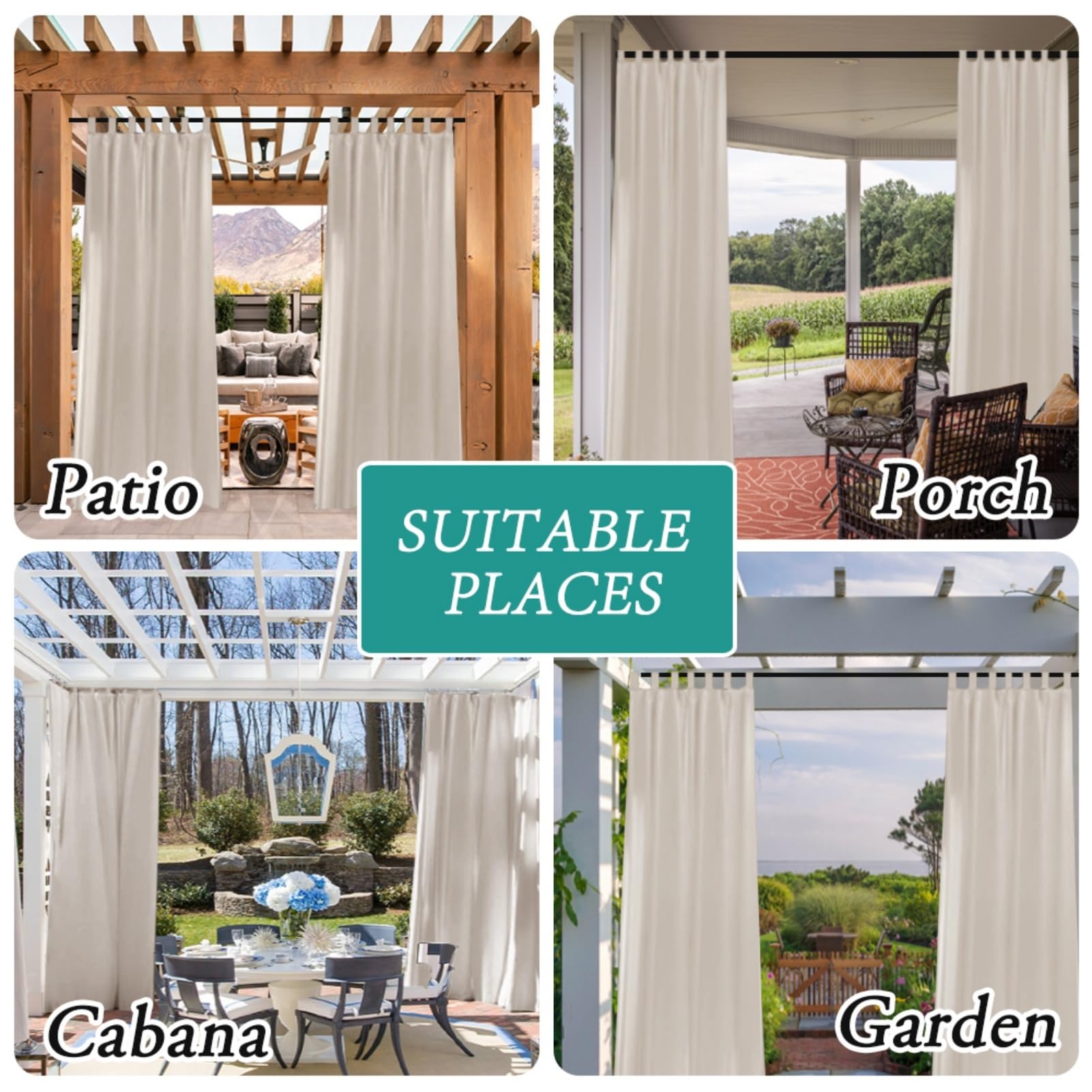 Rideau Extérieur Imperméable Et Coupe-Vent, Protection UV, pour Pergola, Gazebo, Terrasse, Pavillon Et Balcon - Lot De 2 Panneaux Transparents en Lin (Nature,W 52" XL 107.9")