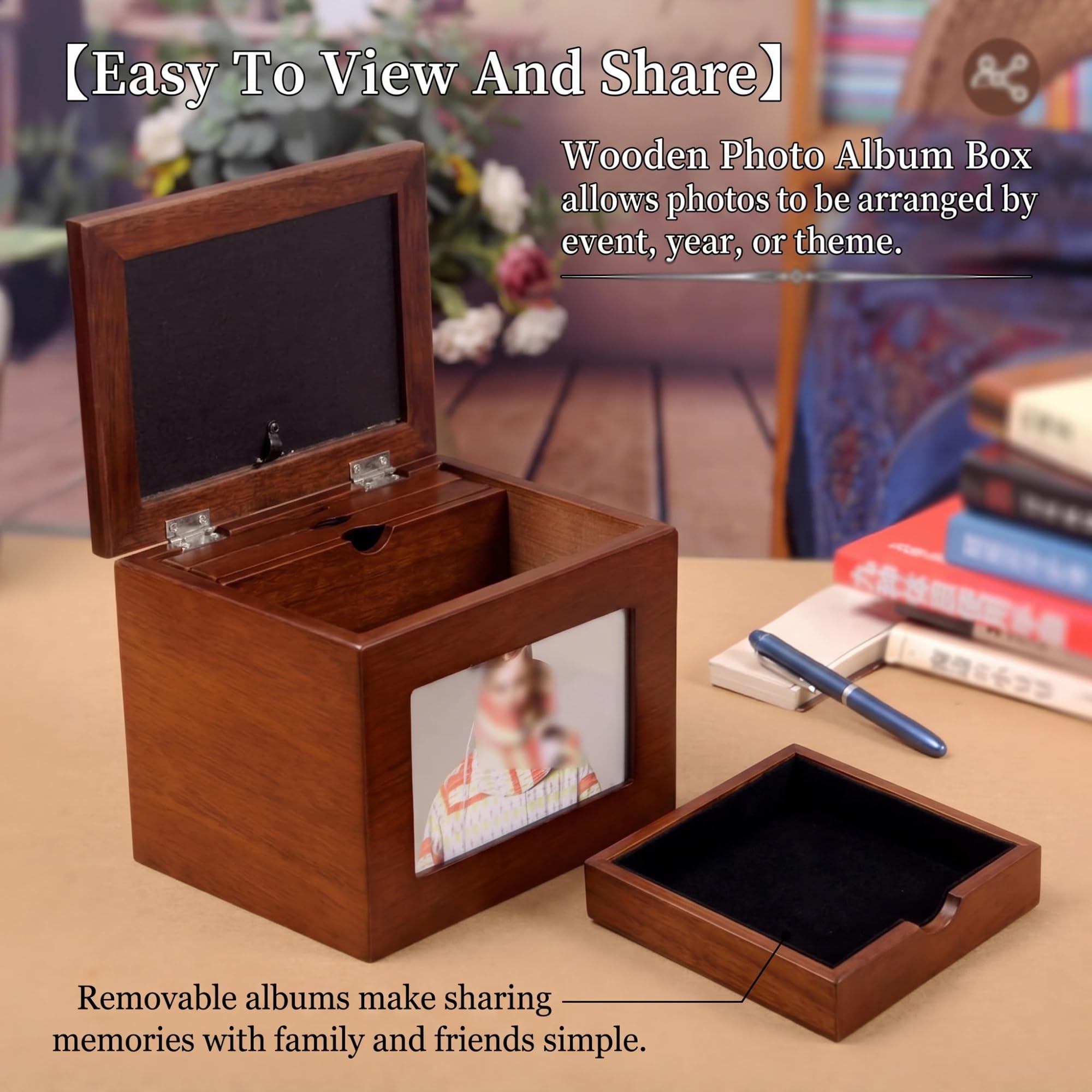 Caja de almacenamiento de álbum, caja de recuerdos de madera con 5 álbumes de fotos extraíbles para fotos de 6 x 4 pulgadas, capacidad para 100 fotos, marco de fotos para decoración del hogar