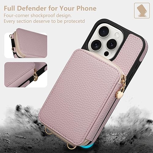 Miniatura 7 de Keallce Funda compatible con iPhone 15 Pro de 6.1 pulgadas, cremallera cruzada con ranuras para tarjetas de bloqueo RFID, soporte, cordón y correa