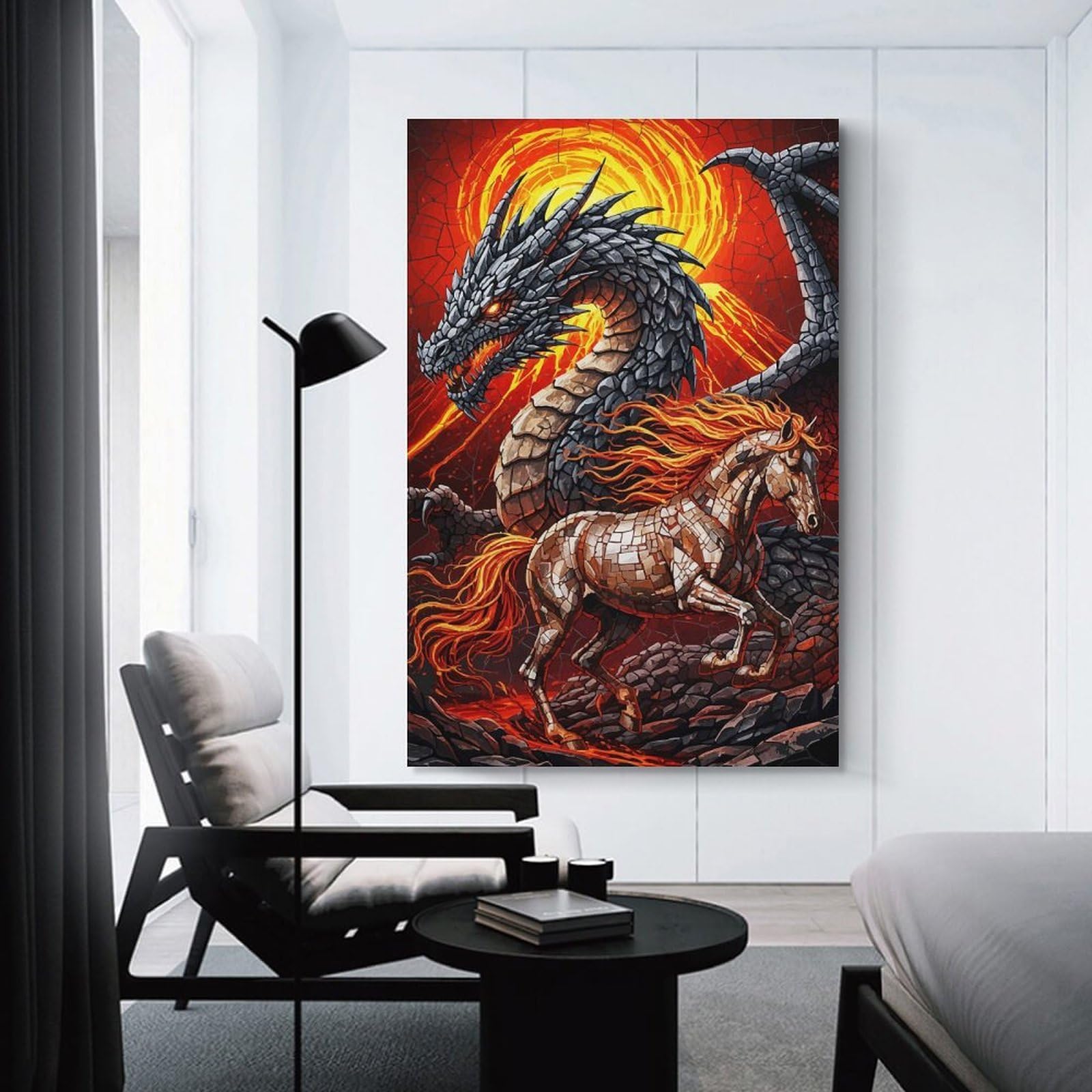 Junmoney Dragon And Horse Fiery Landscape Hanging Wall Art 20x30inch(50x75cm), for Small Homes, Bedrooms Or Open Spaces, An Easy Choice for New Home Styling