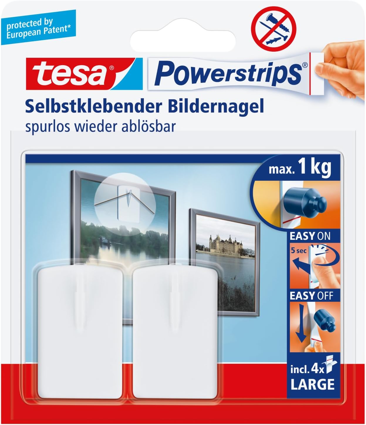 tesa Powerstrips Self-Adhesive Frame and Picture Hooks - Supports Objects up to 1 Kg - Removable and Reusable with Powerstrips Large