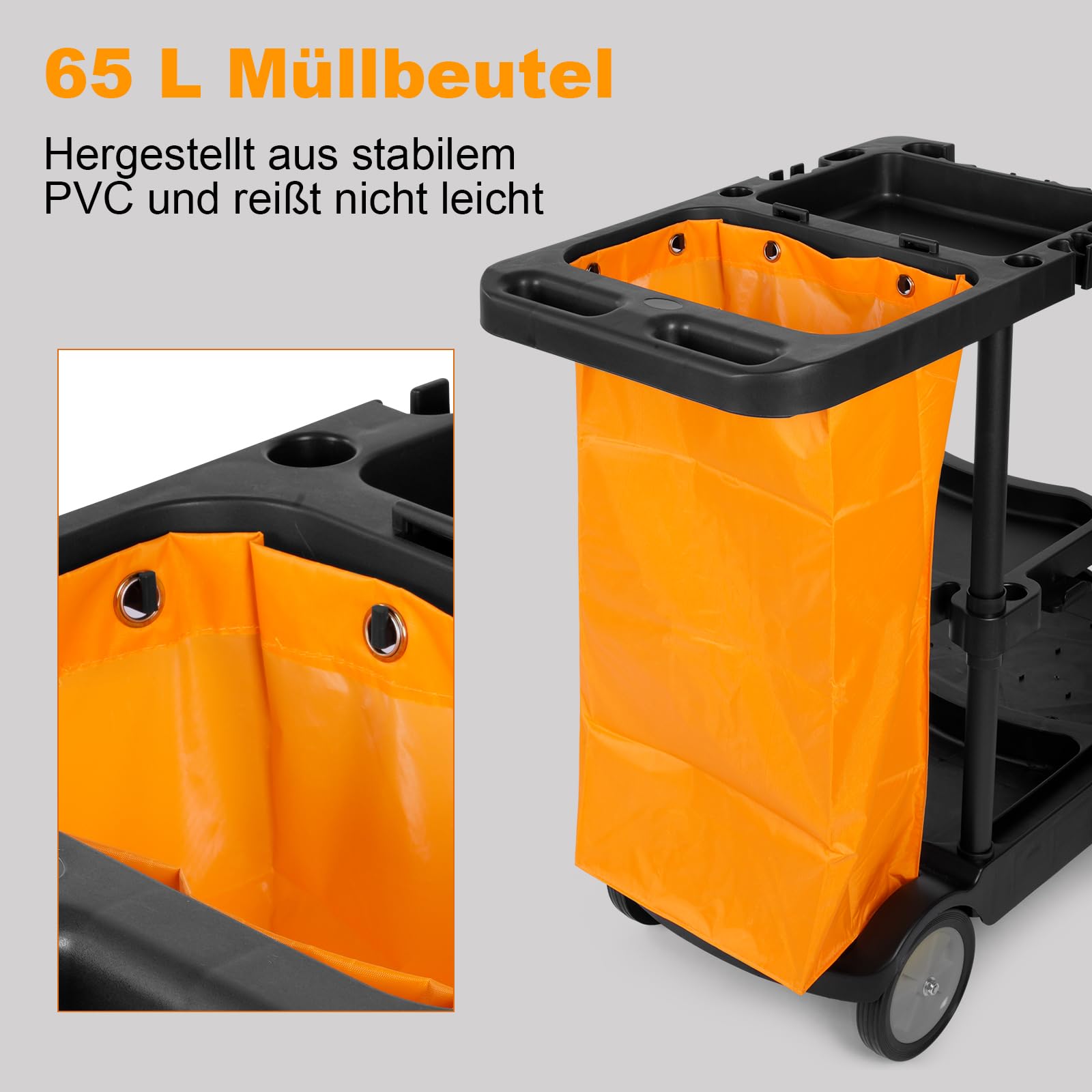 bimiti Profi Putzwagen Reinigungswagen mit extra groß Tasche, 113 x 56 x 93 cm, 3 Ebenen Reinigungswagen Putzwagen Haushaltswagen mit 4 Rollen, Große Kapazität 65 L Müllsack, Gelb + Schwarz