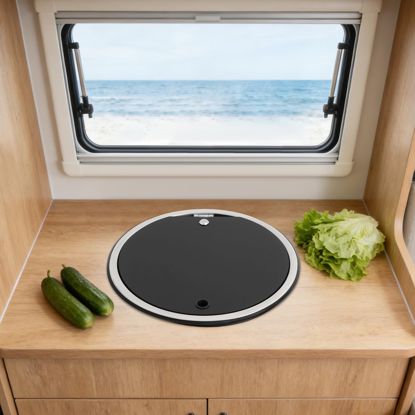 RV - Lavabo da cucina, con chiusura lampo, rotondo, con rubinetto pieghevole, in acciaio inox, con tubo di scarico e tubi di alimentazione, coperchio, per cucina, bagno, camper