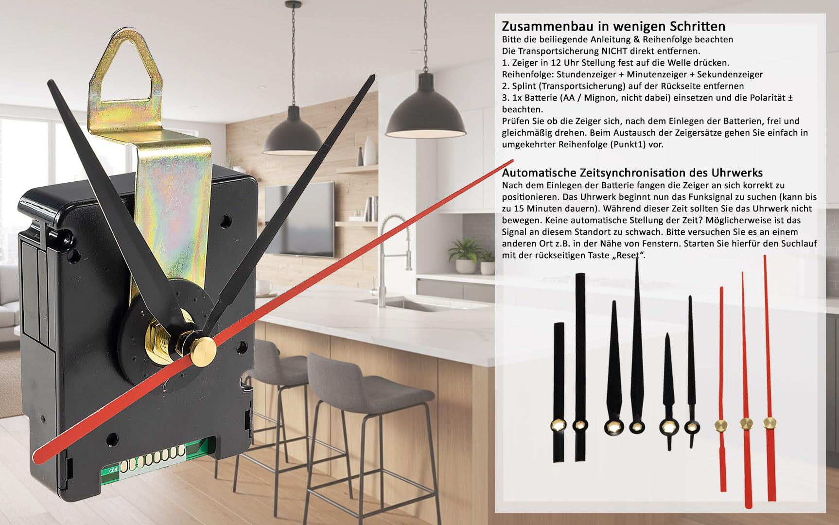 ChiliTec Mechanizm zegarowy radiowy 3 zestawy wskazówek cicho przesuwające się wskazówki bez tykania DCF obudowa z tworzywa sztucznego bezgłośna 2 zestawy