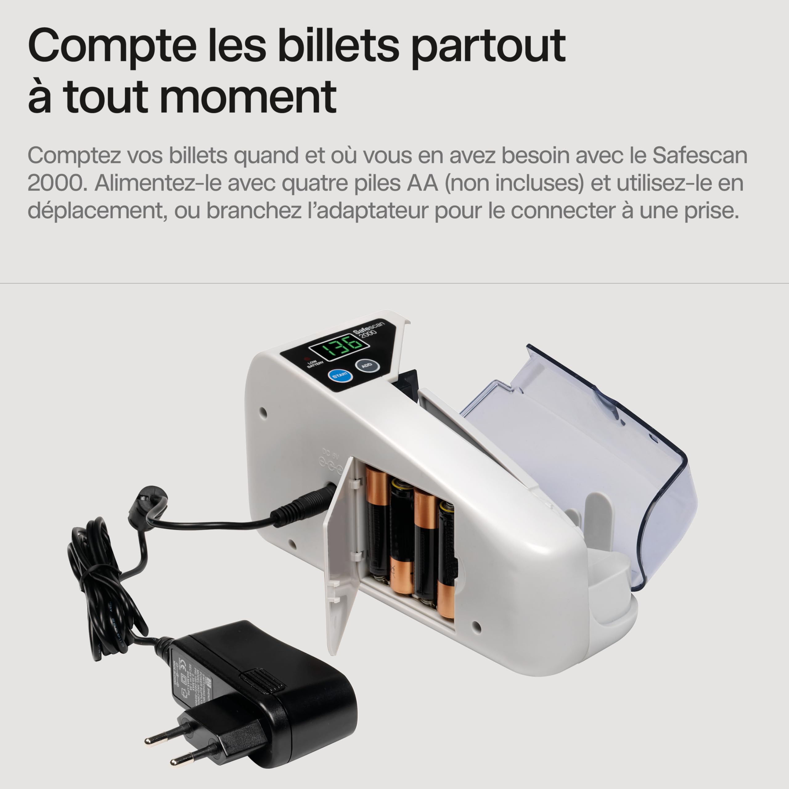 Safescan 2000 compteuse de billets portable qui compte les billets triés - Compteur de billets d'argent liquide pour les déplacements - Machine à compter les billets triés de toutes les devises