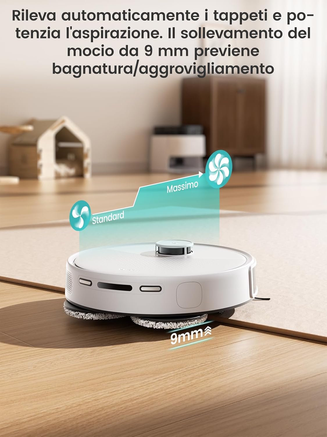 Lefant M3 Robot Vacuum demonstrating automatic mop lifting on carpet