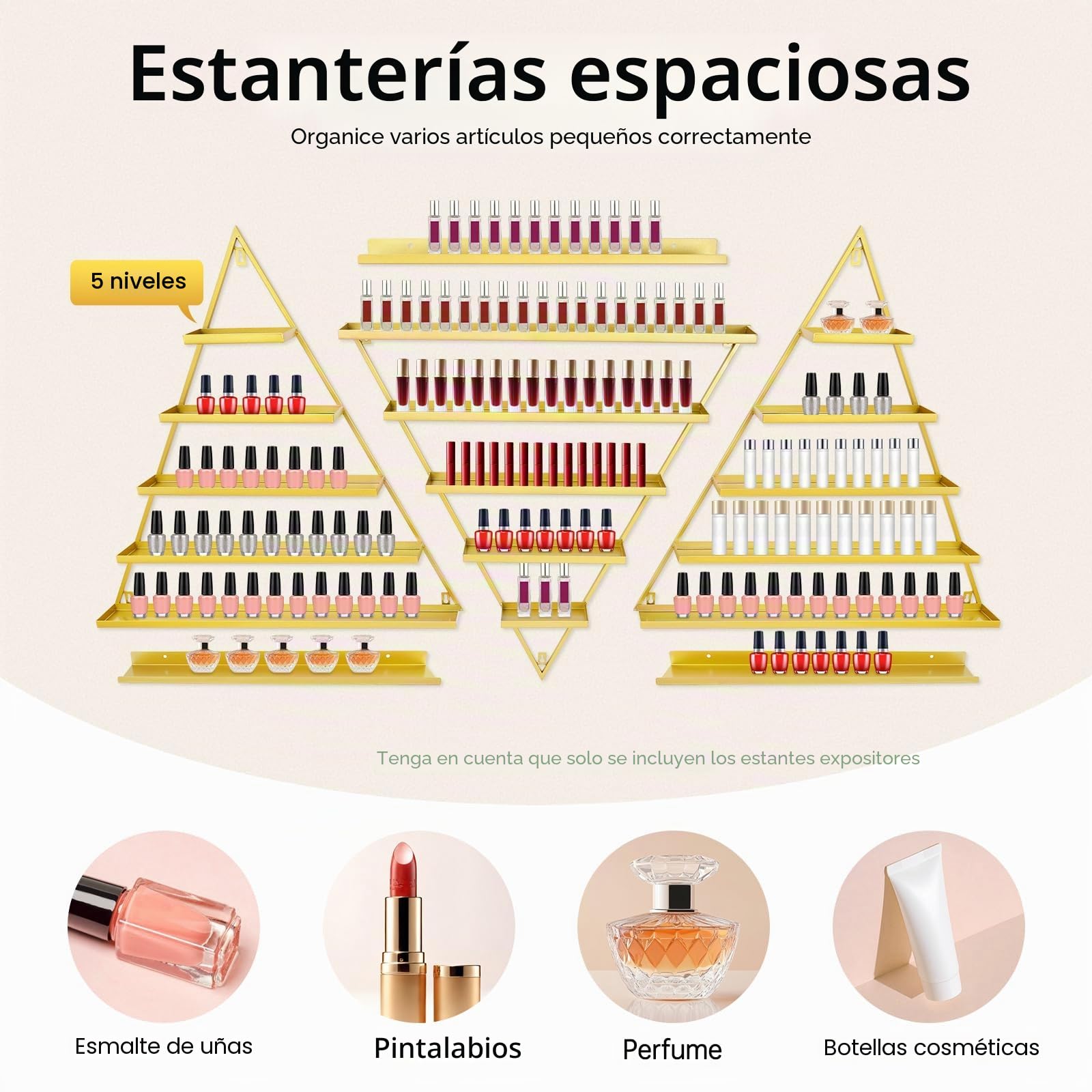 Juego de 3 estantes de esmalte de uñas, 5 niveles, almacenamiento de esmalte de uñas, estantes triangulares, estante de metal, capacidad de carga de 50 kg, soporte de pared para exhibición de uñas