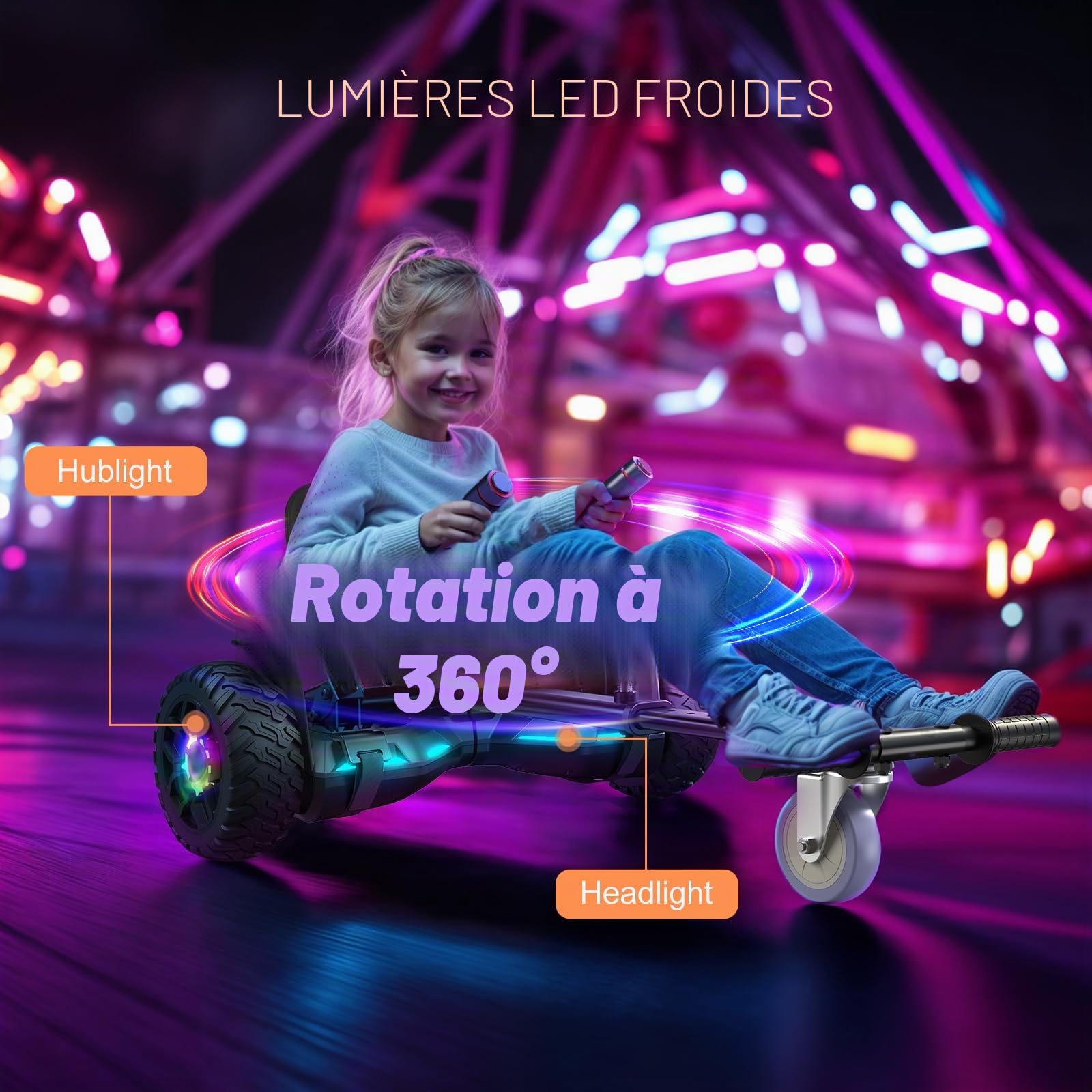 Scooter avec siège, 8,5" Hoverboard Go Kart Combo avec lumières LED colorées et Bluetooth, pour enfants, filles, adultes, tous âges