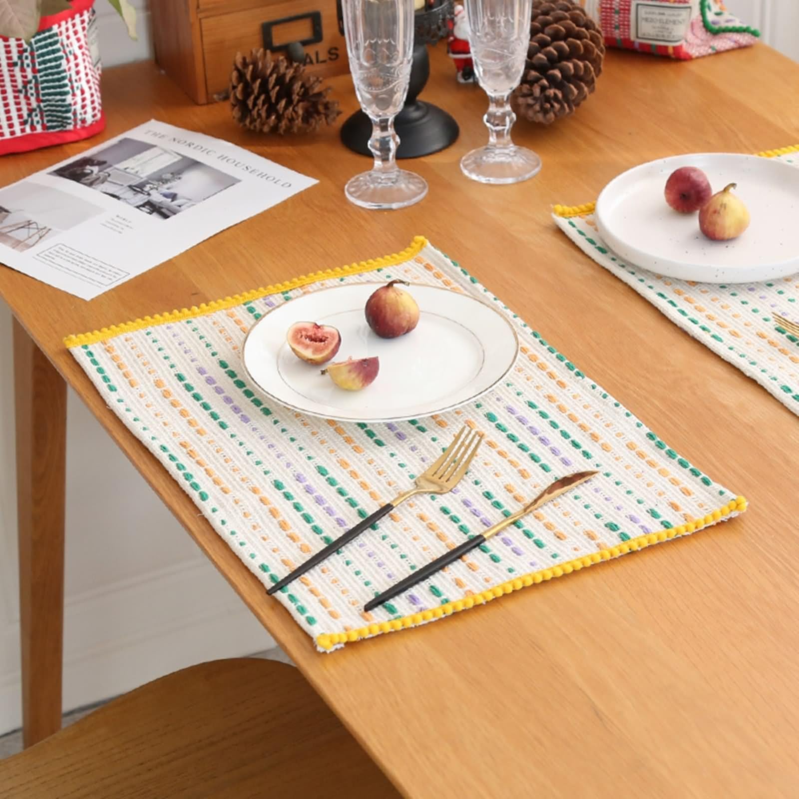 Set di 6 tovagliette all'americana, stile boho, 32 x 45 cm, motivo intrecciato, in poliestere e cotone, giallo e verde