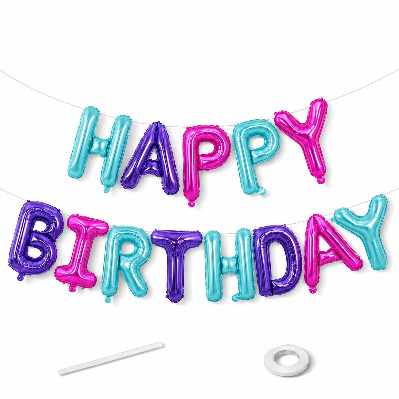 Happy Birthday Balloon Banner, 16 Inch Teal Blue Purple Pink Foil Letter Birthday Banner Balloon, Blue Purple Pink Birthday Balloons for Girls Women Mermaid Unicorn Birthday Party Decorations Supplies