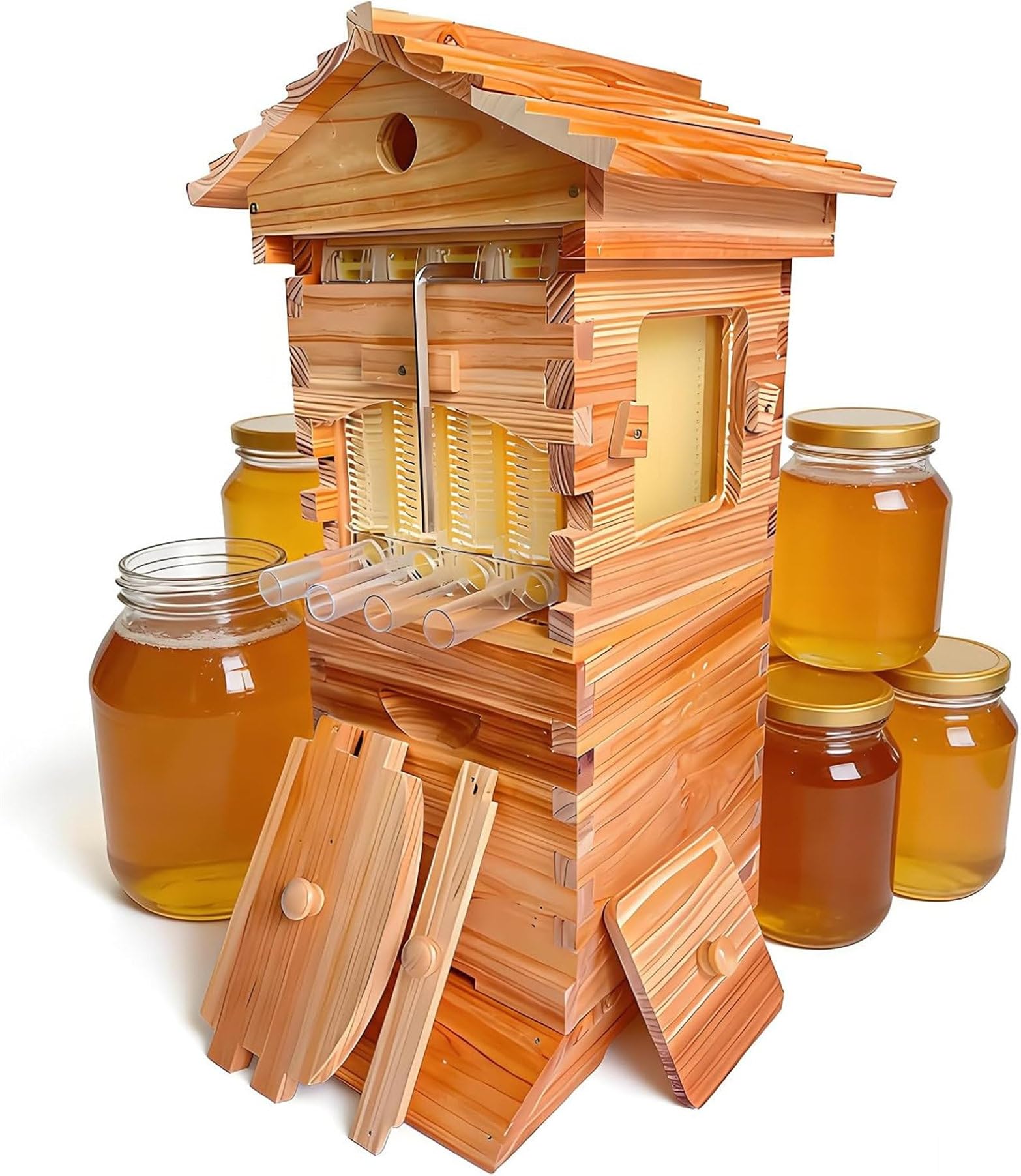 Colmena De Miel De Flujo Automático, Kit Completo De Iniciación a La Apicultura Con Ventana De Observación Y Dispensador De Miel, Juego De Colmena Automática Para Apicultura Y Polinizadores De Jardín