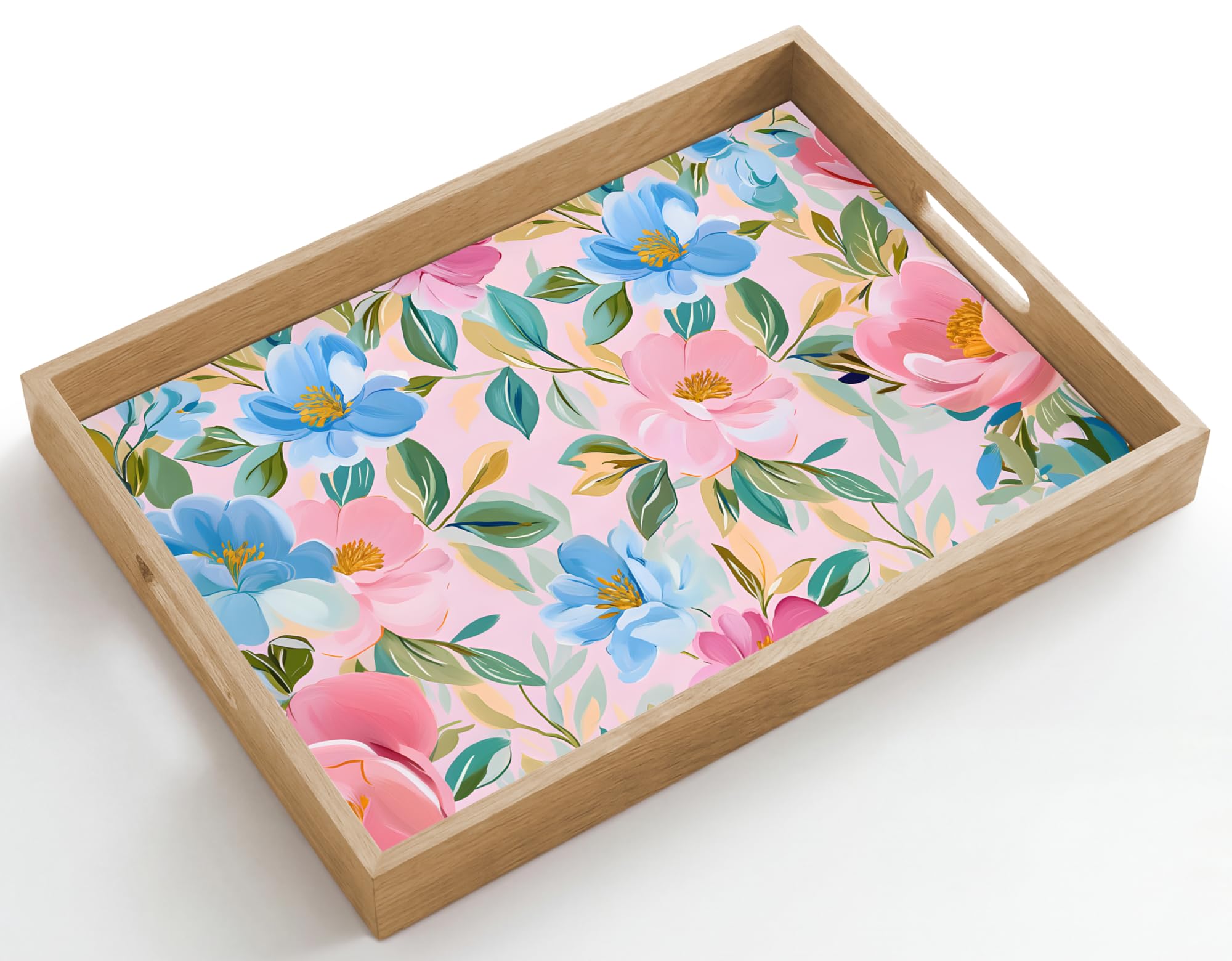 Bandeja De Madera Rectangular 50x35 cm Bandejas para Servir Comida Desayuno Decorativas Roble Cocina Tabuleiro Cafe Decoracion Azul - Rosa - Flores