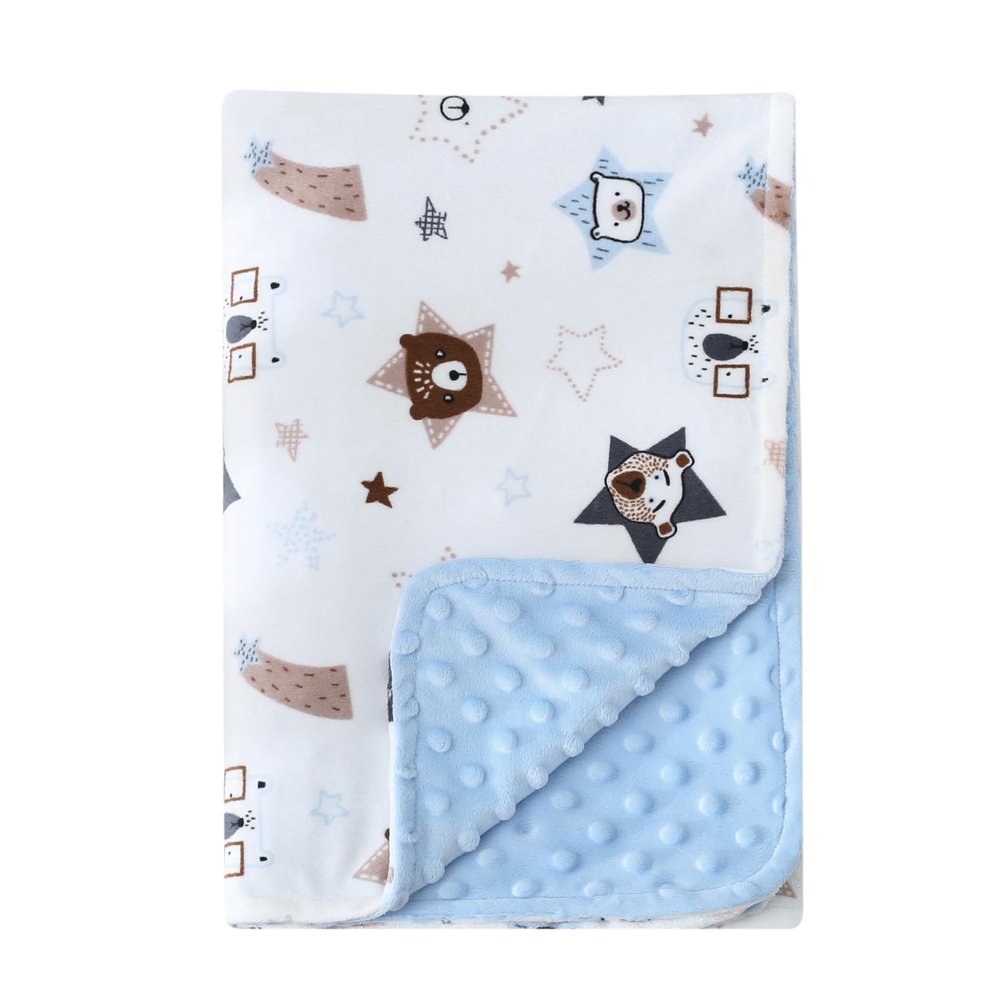 DaysU Silky Micro Soft Plush Baby Blankets for Girls with Print Animal Pattern and Soothing Raised Dots, Double Layer Bed Throws for Baby Crib, Bear, Blue, 30x40 Inches