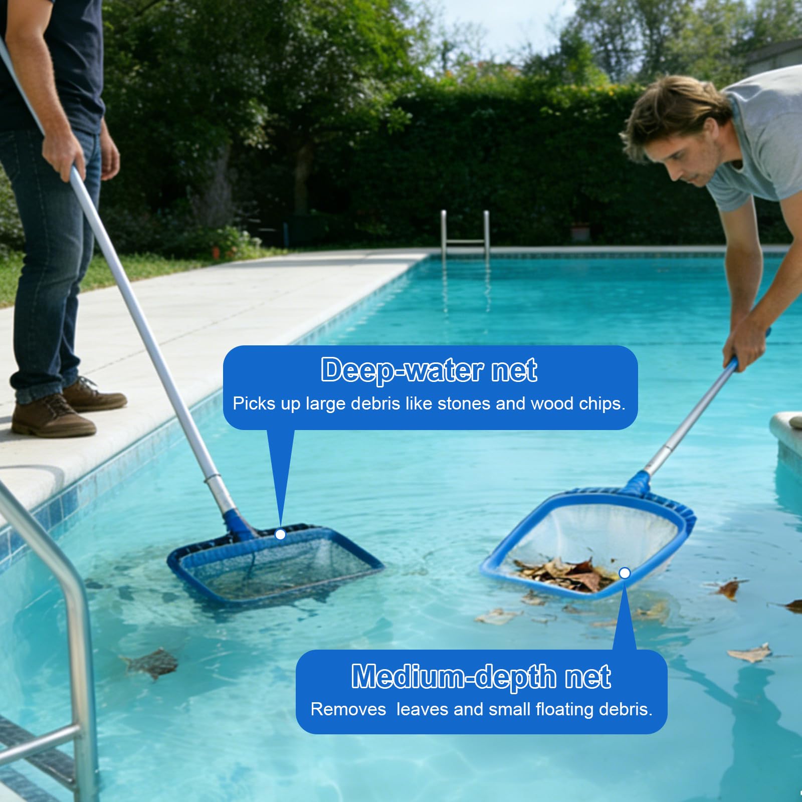 EFUTURETIME 6-TLG Pool Reinigungsset 43cm Poolbürste 2,7m Teleskopstange | Mit Runden Enden, Poolkescher, Bodenkescher, Drehbarem Poolbürstenkopf, Schwamm-Bürsten mit Stiel, für Folienpool