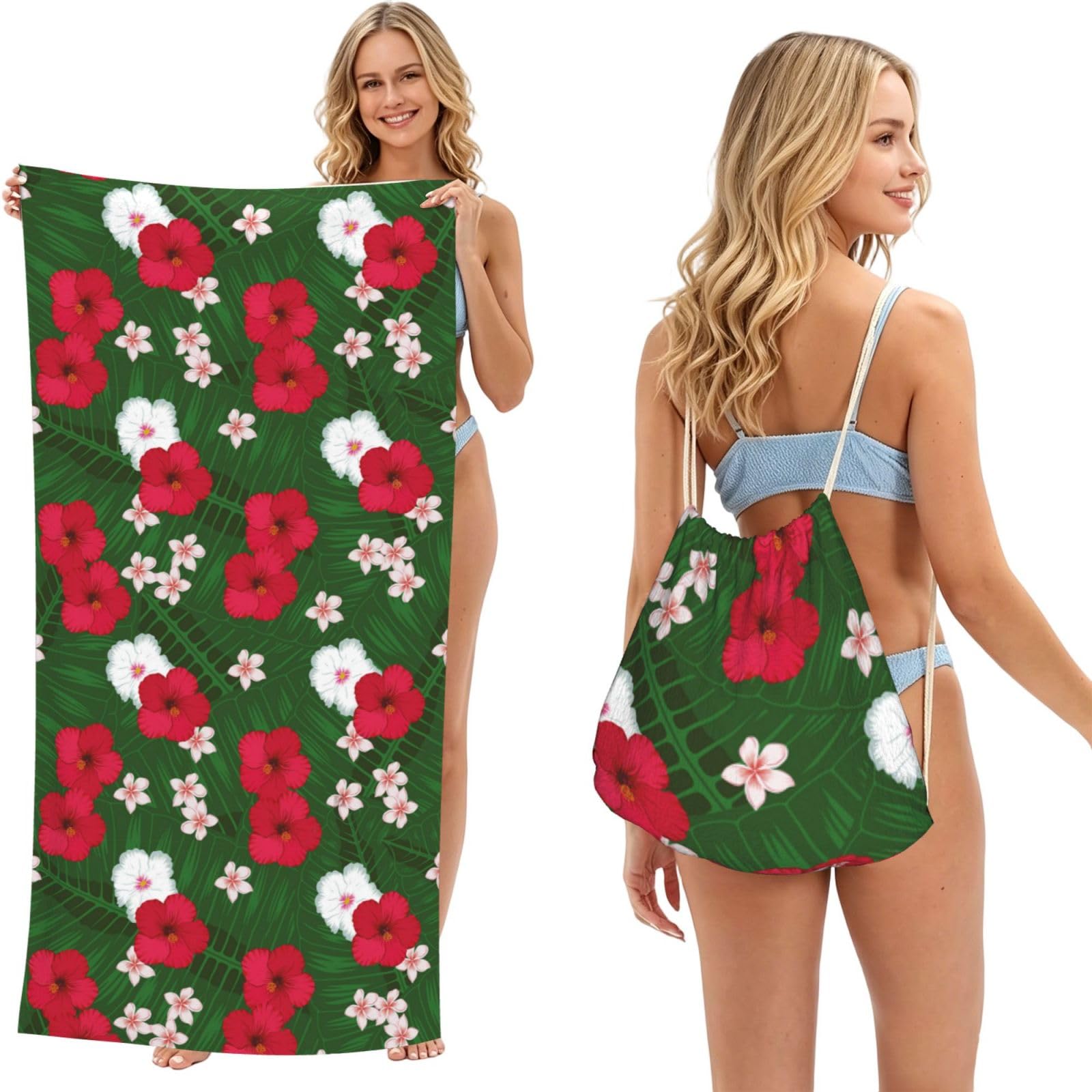 Poadnly As Picture Plumeria Hibiscus Green Leaves Background, 2 In 1 Packable Towel Bag, Beach Towels With Drawstring Backpack For Travel Holiday Camping