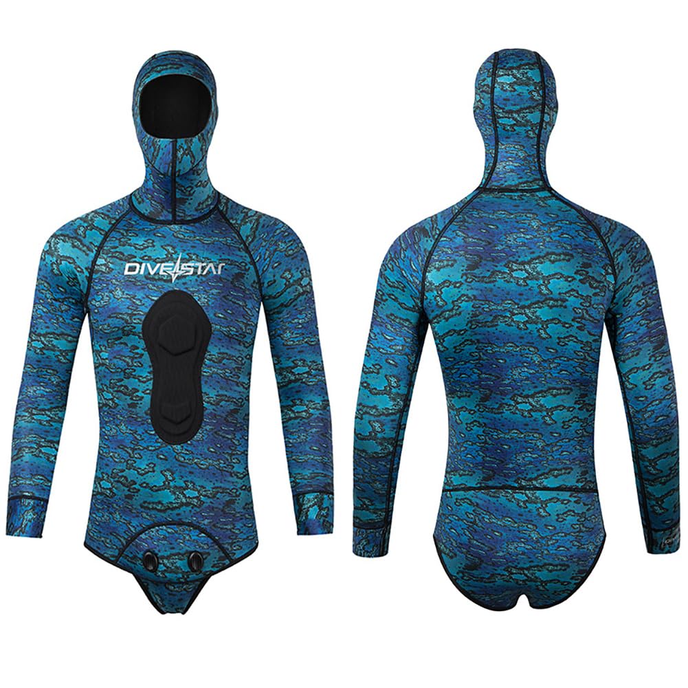 Muta da pesca subacquea in neoprene con cappuccio, 2 pezzi, mimetica, per caccia e immersioni, imbottitura sul petto, per apnea, snorkeling, nuoto in acqua fredda
