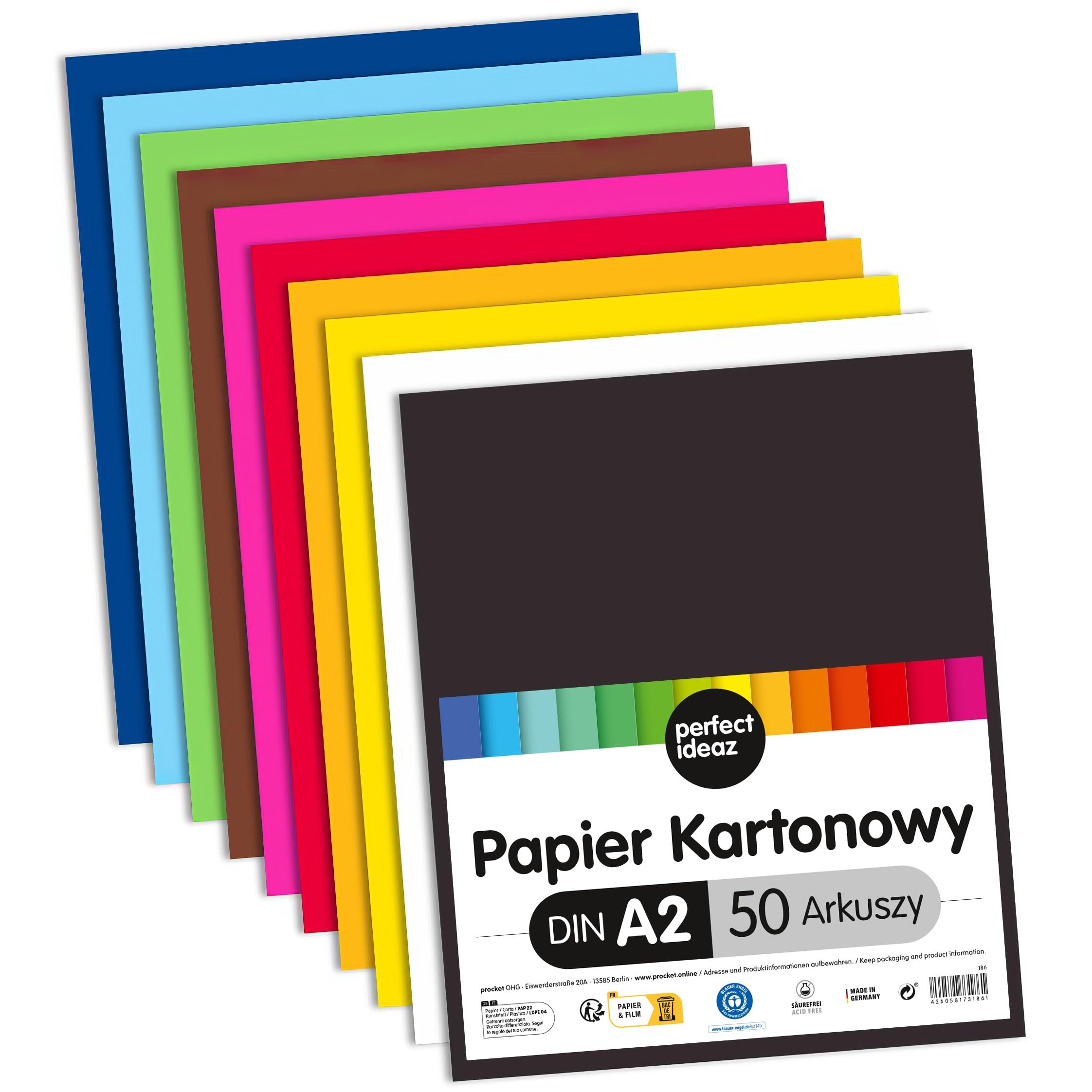 perfect ideaz 50 arkuszy kartonu fotograficznego A2, karton DIY, barwiony w masie, w 10 różnych kolorach, gramatura 300 g/m², arkusze o wysokiej jakości