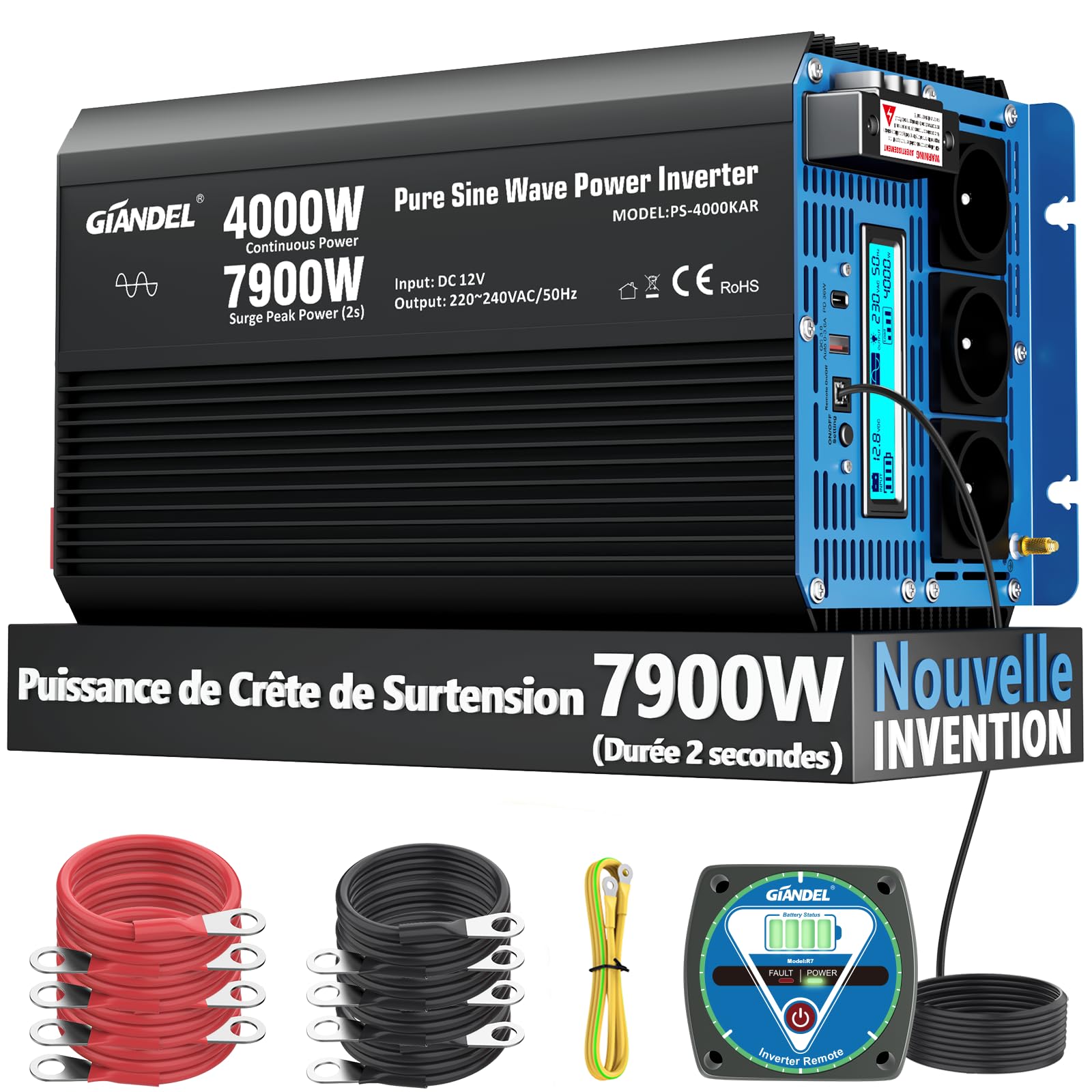 GIANDEL 4000W Convertisseur 12V 220V Pur Sinus 7900W Puissance de surtension Onduleur Onde sinusoïdale Pure Écran LCD Tension d'entrée Réglable pour la Maison, RV, Camion, Hors réseau Solaire