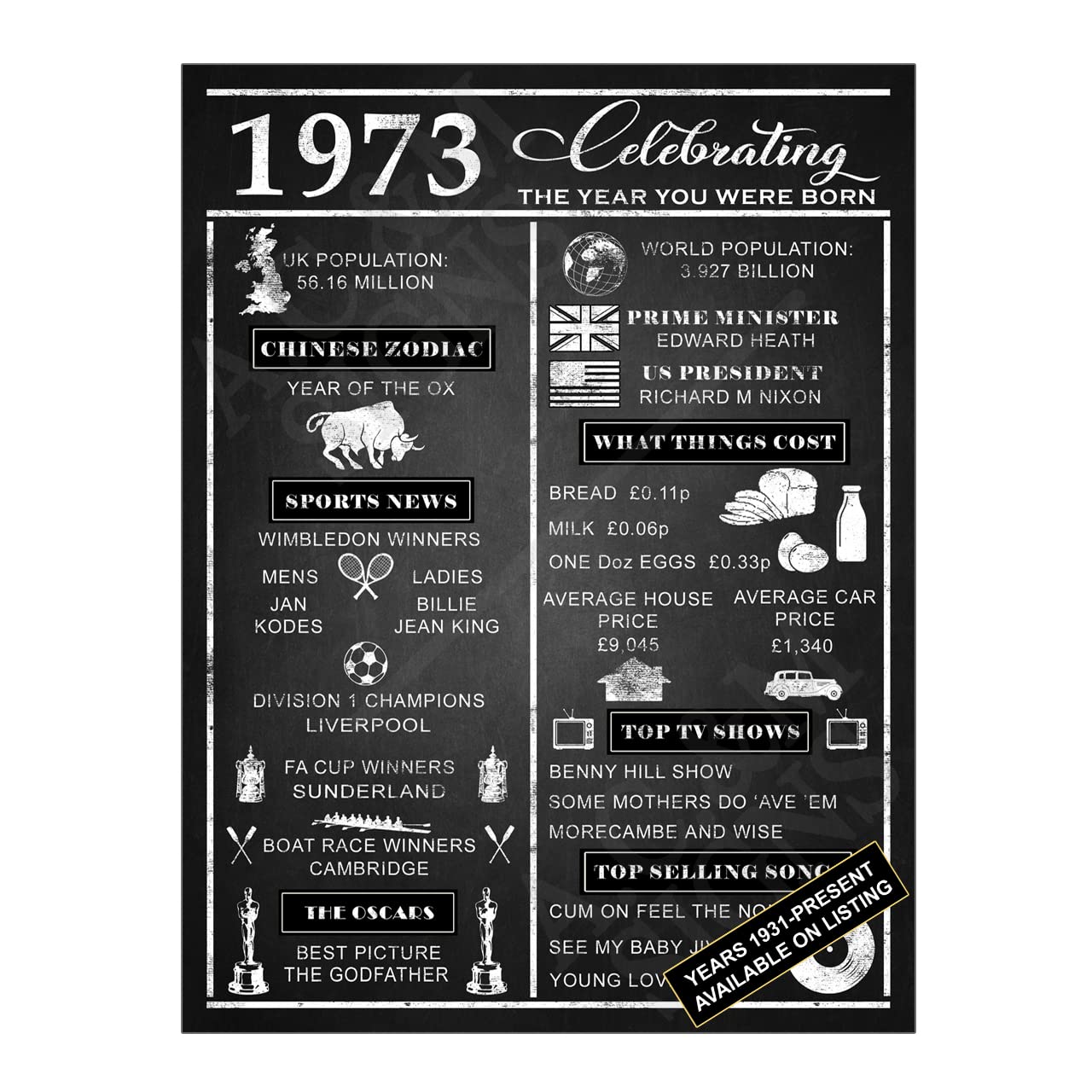 Metal Tin Sign Plaque, 8x6 inches Chalkboard Style Year Born 1973 — image 1