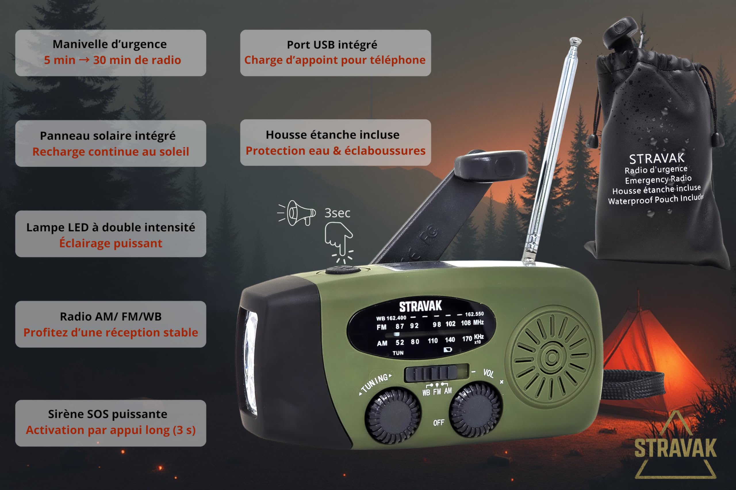 Radio d’Urgence et de Survie Solaire à Dynamo, Lampe Torche LED Puissante, Batterie 2000 mAh USB-C, Alarme de Détresse, Chargeur de Téléphone, Pochette Étanche.