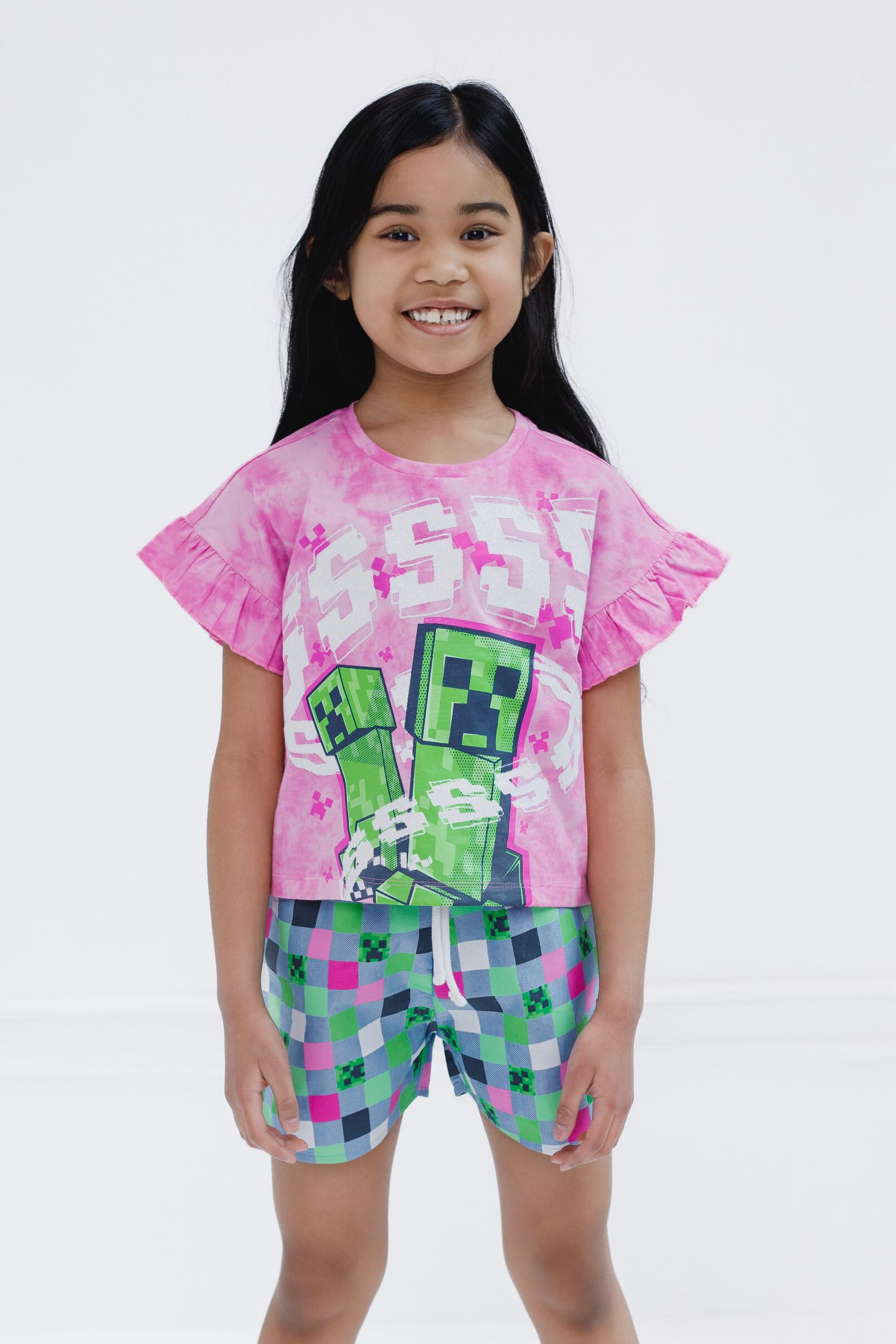 Minecraft Mädchen-Outfit-Set mit T-Shirt und Chambray-Shorts, für kleine Kinder bis große Kinder, Größen 32-42-44