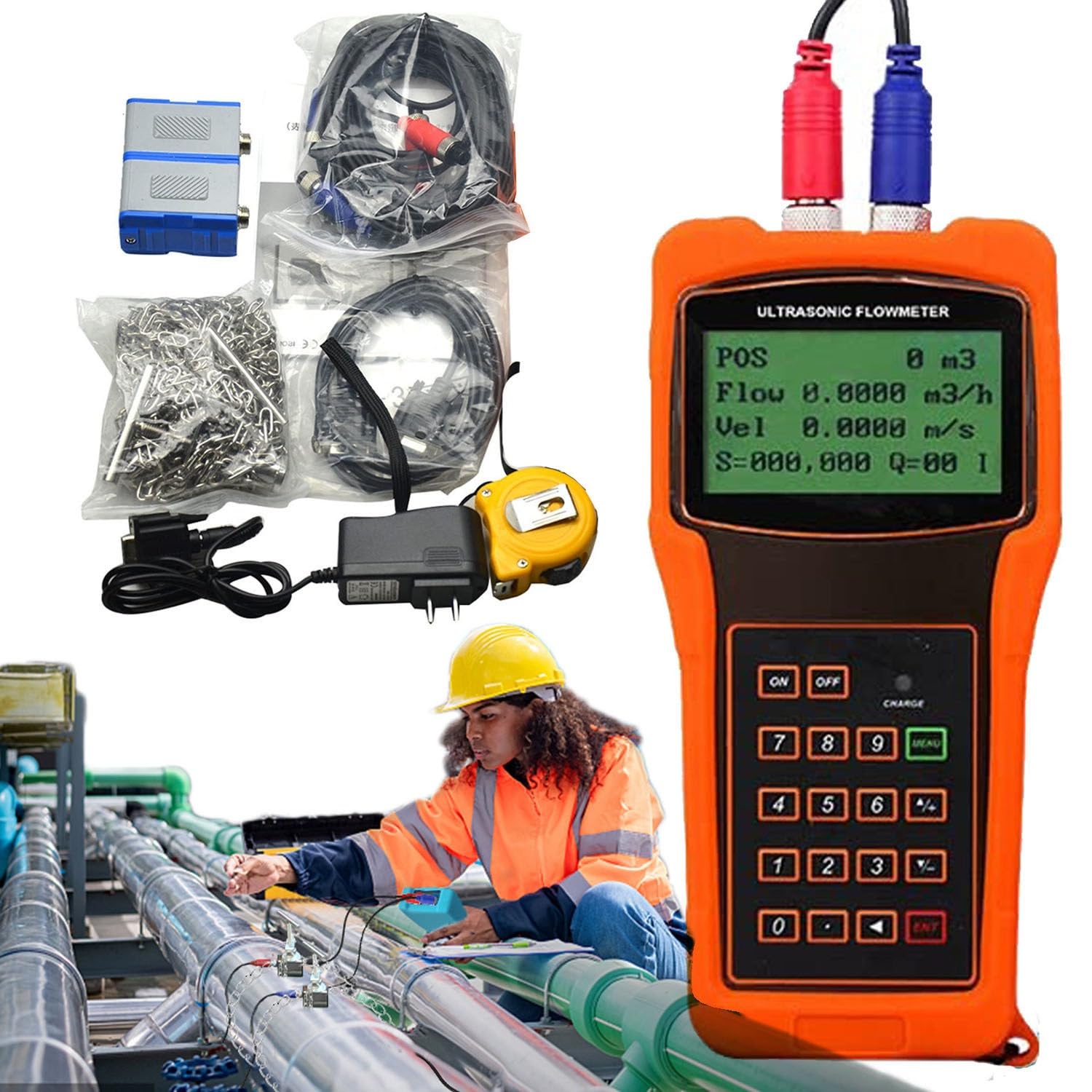 Medidor de flujo ultrasónico de mano con sensores de sujeción para agua de mar, alcohol, aguas residuales industriales, tubería DN50-700 mm